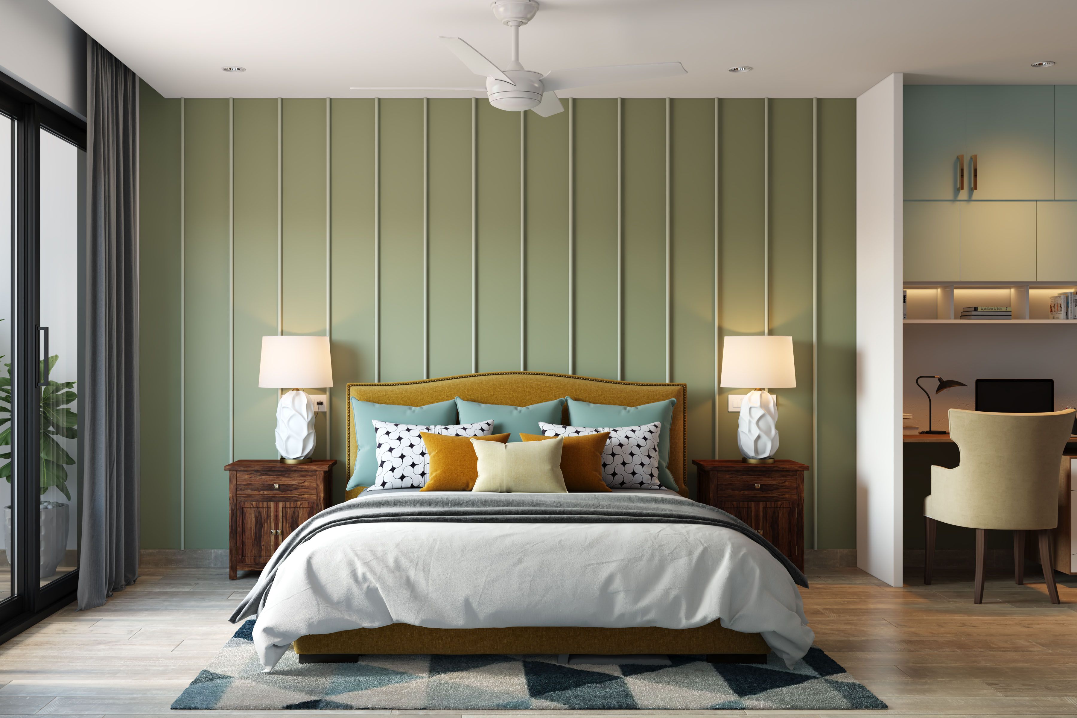Contemporary Master Bedroom Design With Light Green Accent Wall And White Striped Panelling