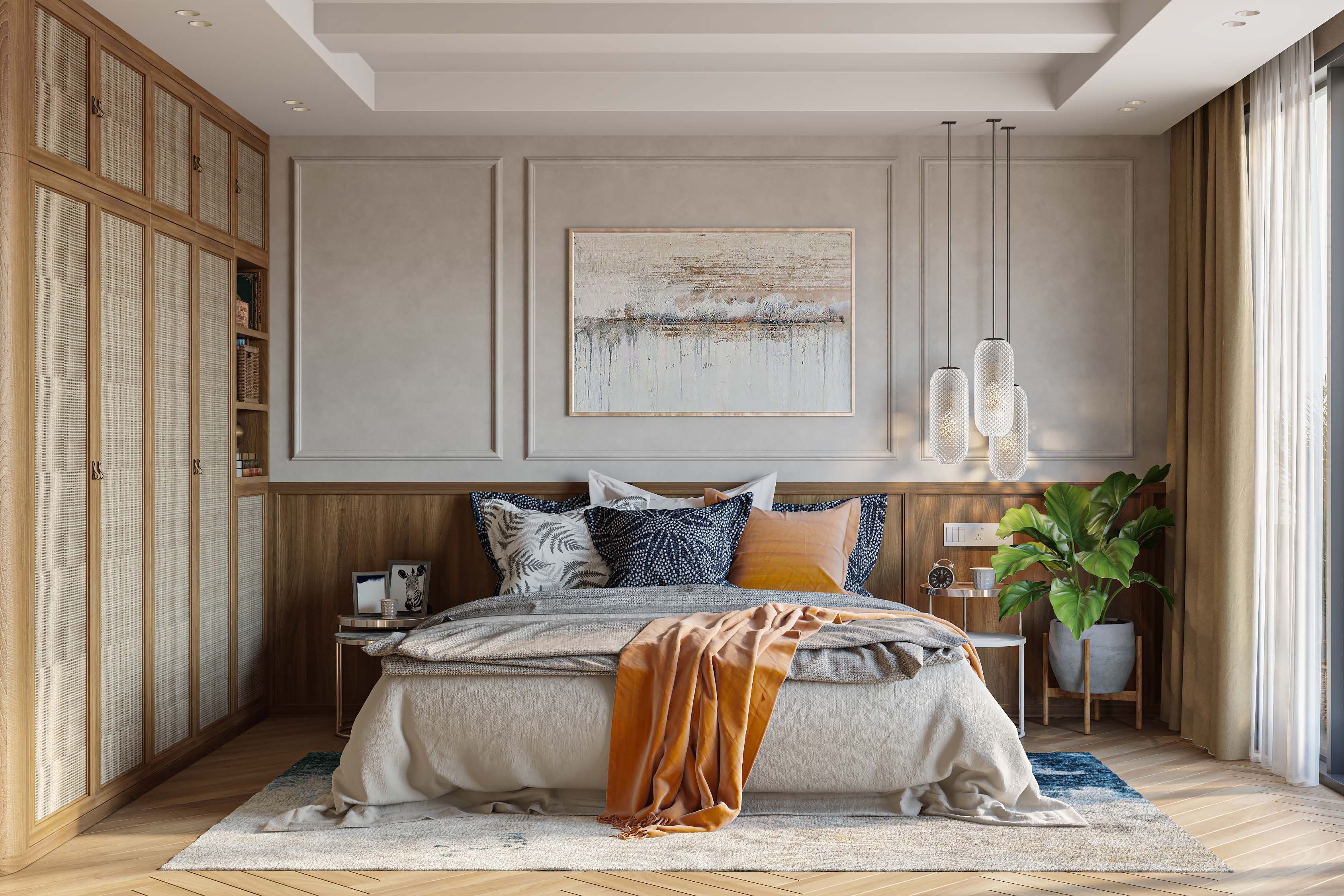 Classic Master Bedroom Design With 5-Door Swing Jute Wardrobe