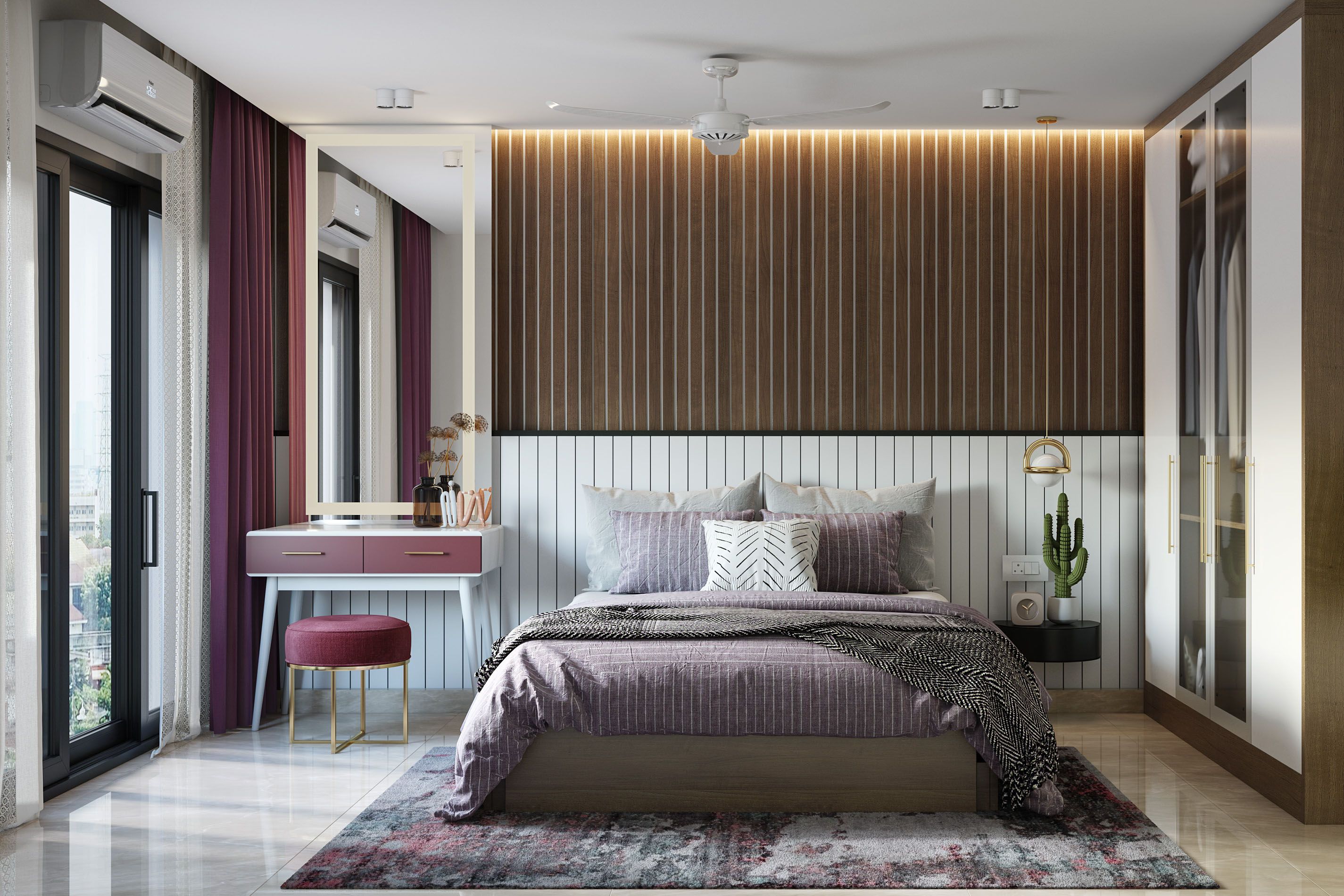 Modern Bedroom Design With Dual-Toned Striped Wall Panelling