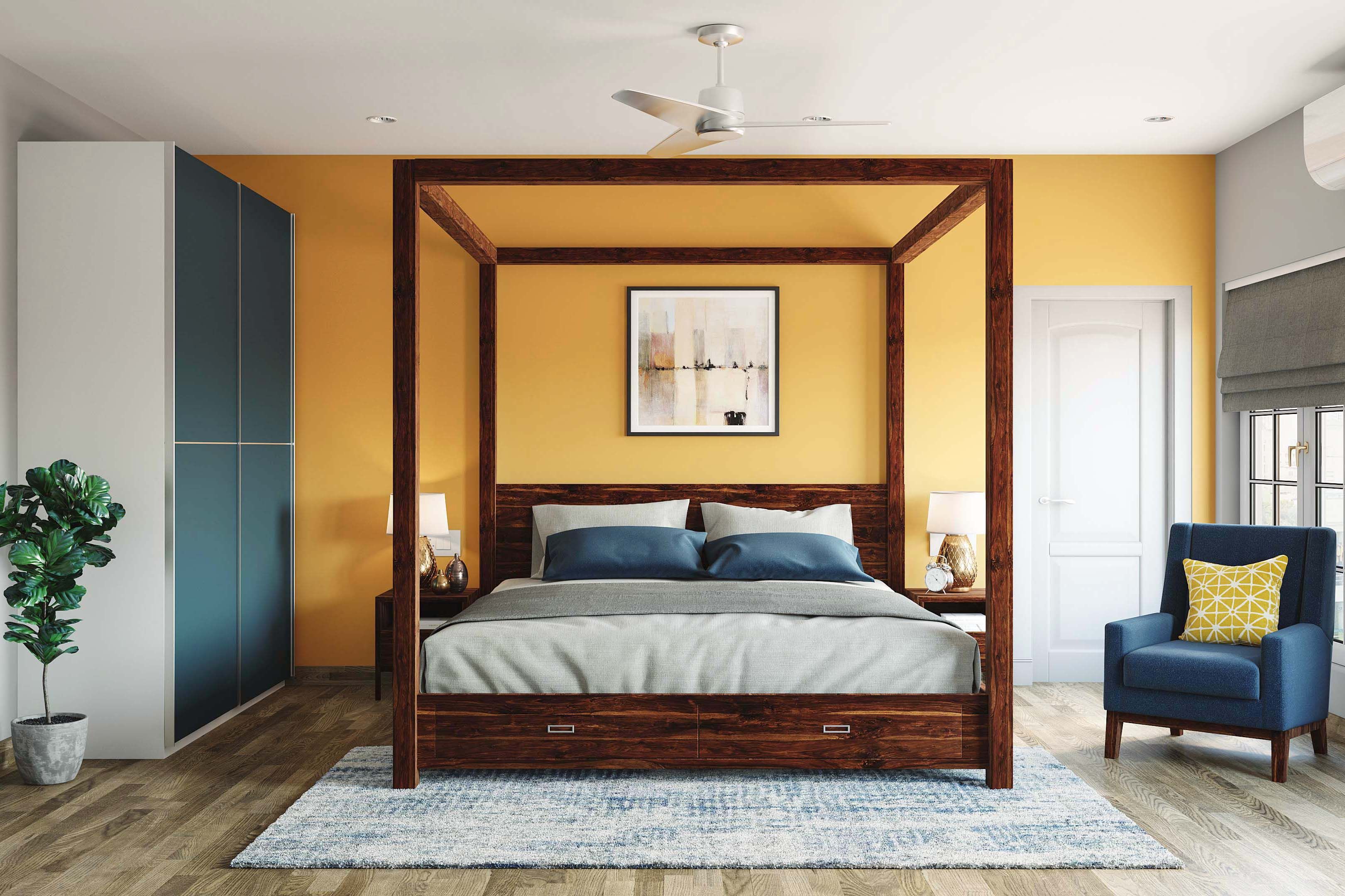 Contemporary Yellow Master Bedroom Design With 4-Poster Wooden Bed