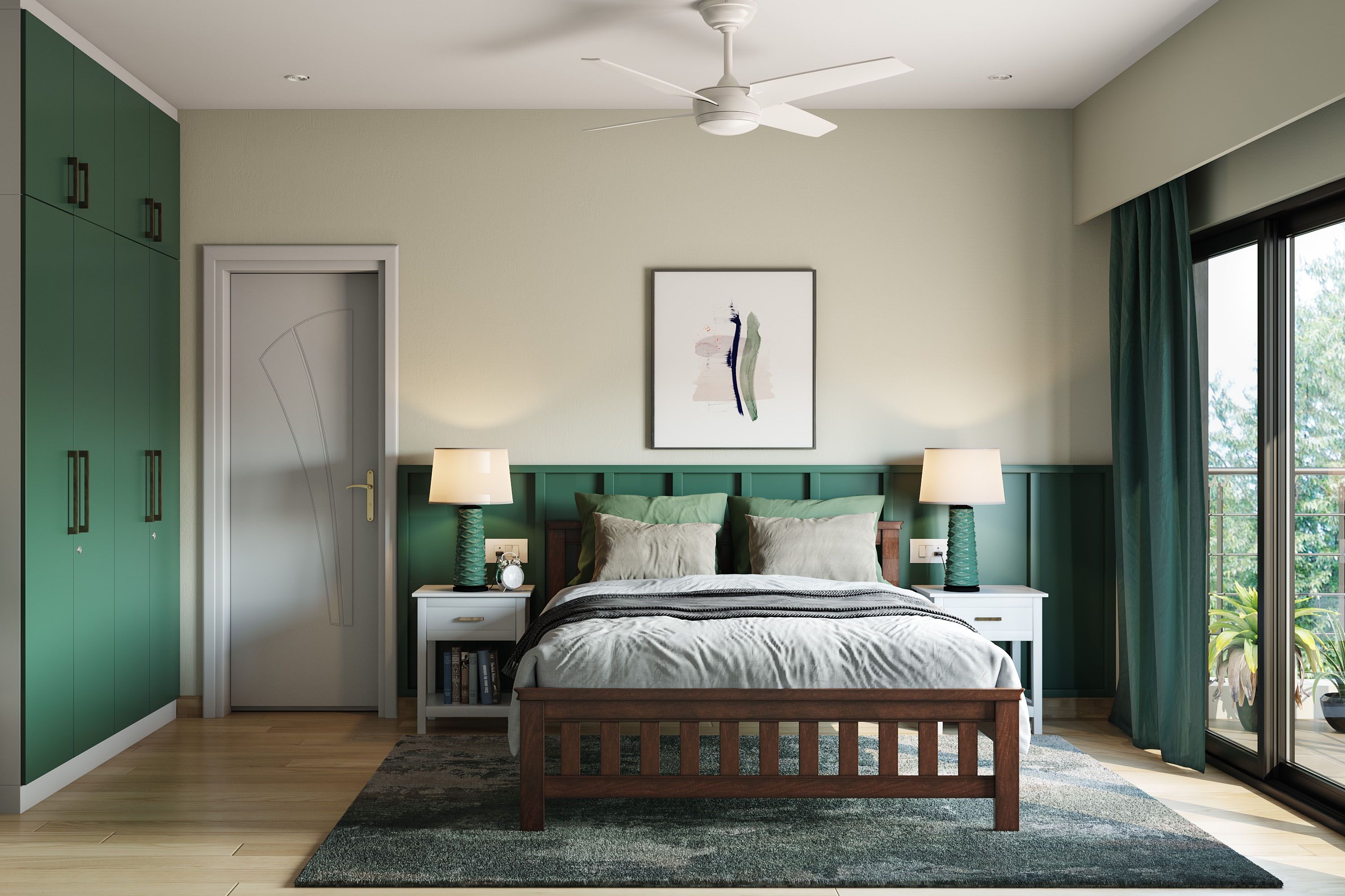 Modern Emerald Green And Beige Master Bedroom Design With 4-Door Swing Wardrobe