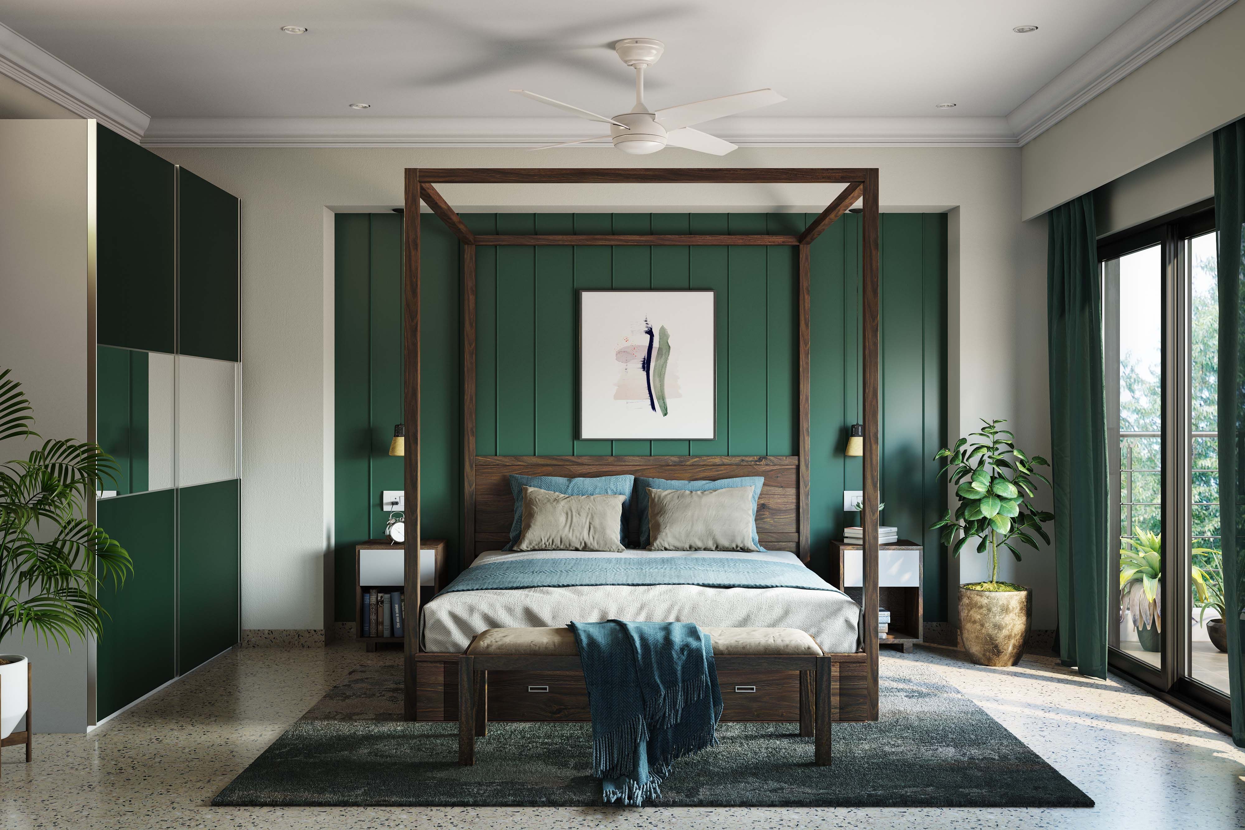 Contemporary Dark Green And White Master Bedroom Design With 4-Poster Wooden Bed