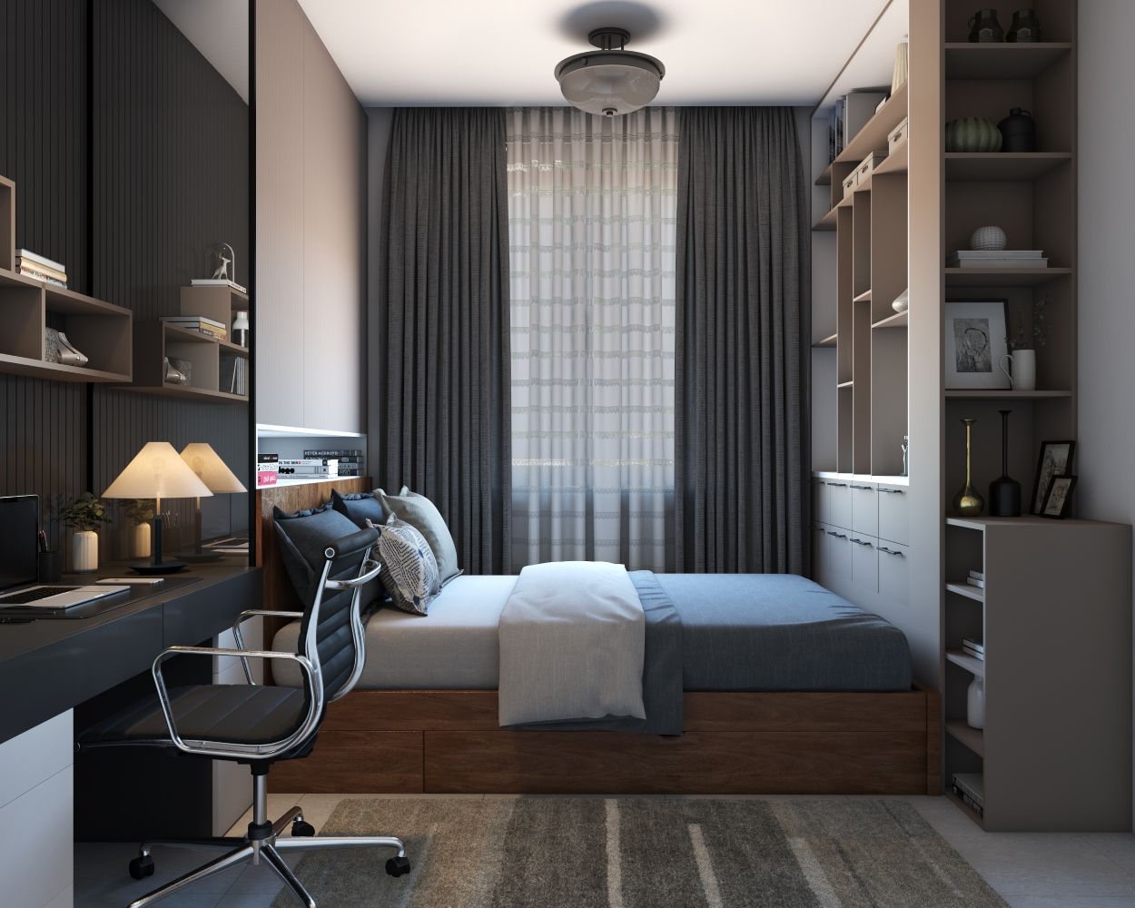 Modern Master Bedroom Design With Tall Beige Storage Unit