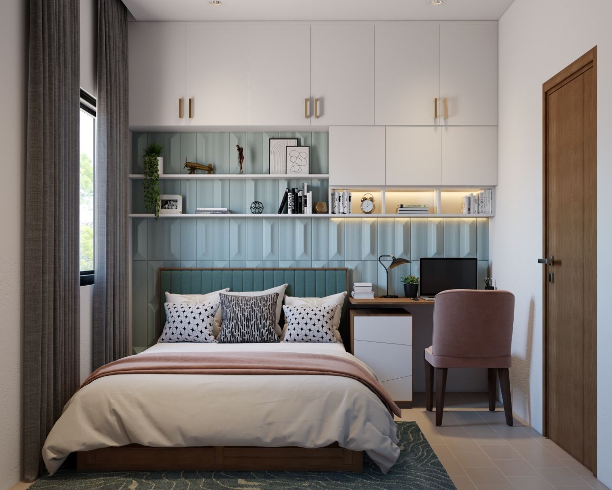 Contemporary Master Bedroom Design With Teal Tufted Headboard And Overhead Storage