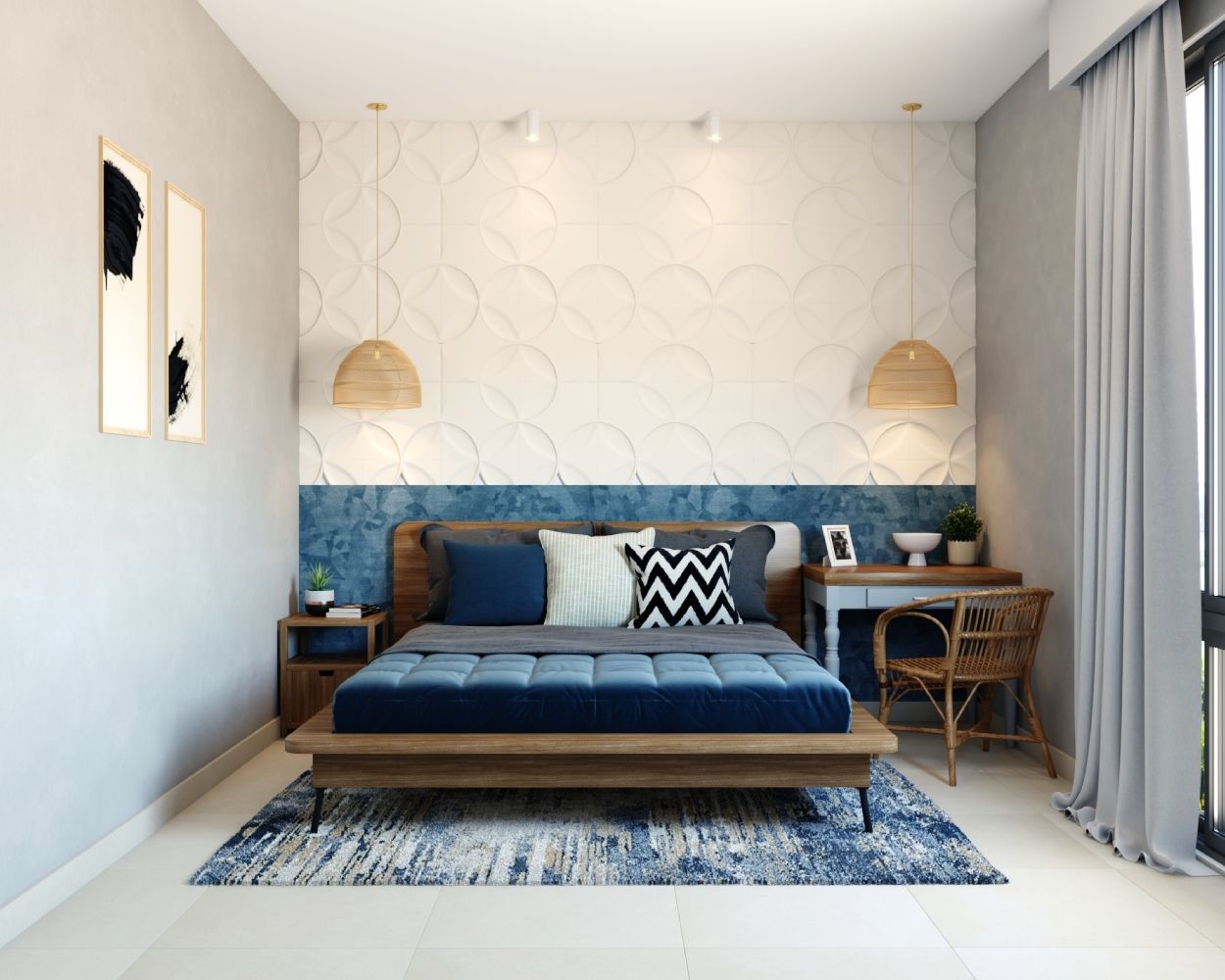 Modern Master Bedroom Design With Wooden Bed And Blue Velvet Upholstery