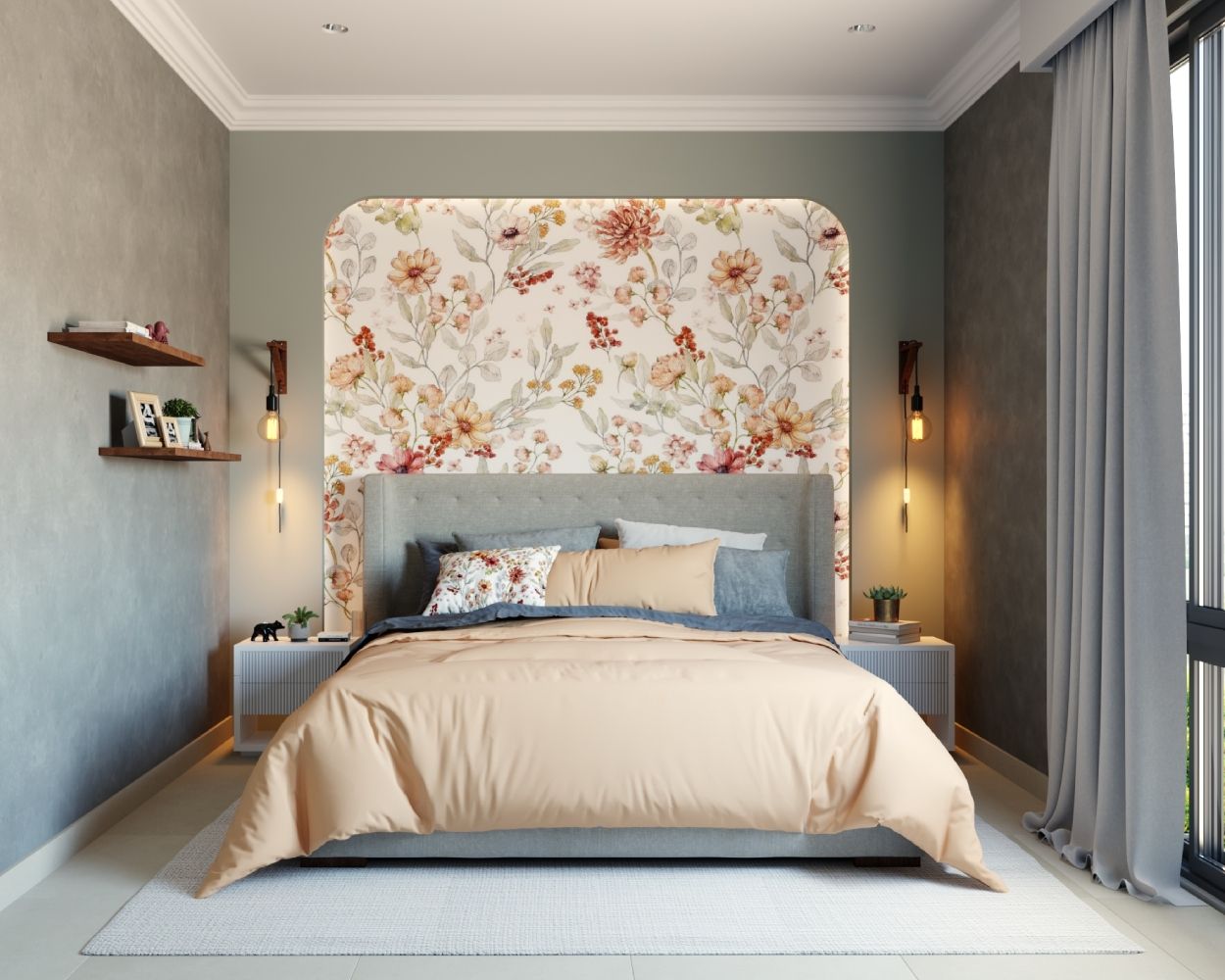 Classic Grey Master Bedroom Design With Floral Wallpaper