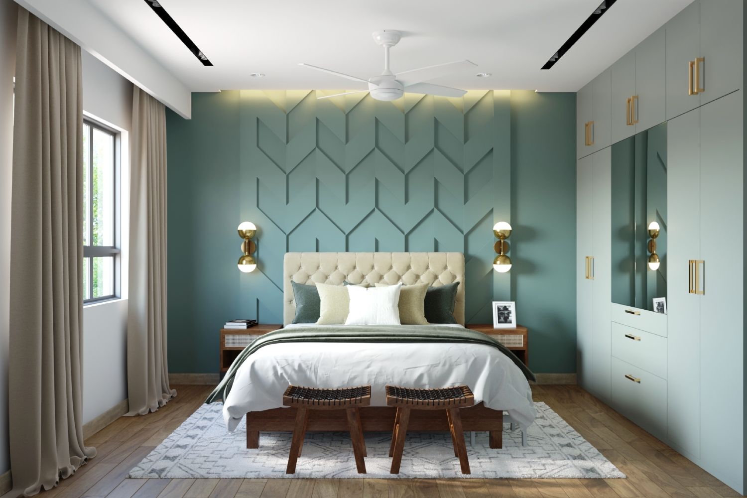 Modern Mint Green Master Bedroom Design With Swing Wardrobe