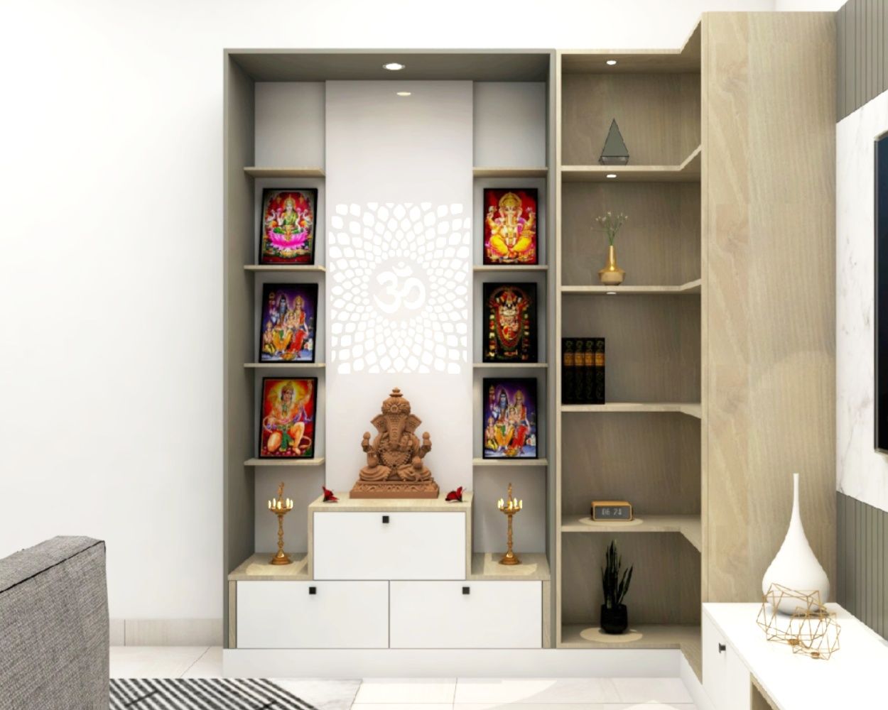 Contemporary Floor-Mounted White And Brown Mandir Unit Design