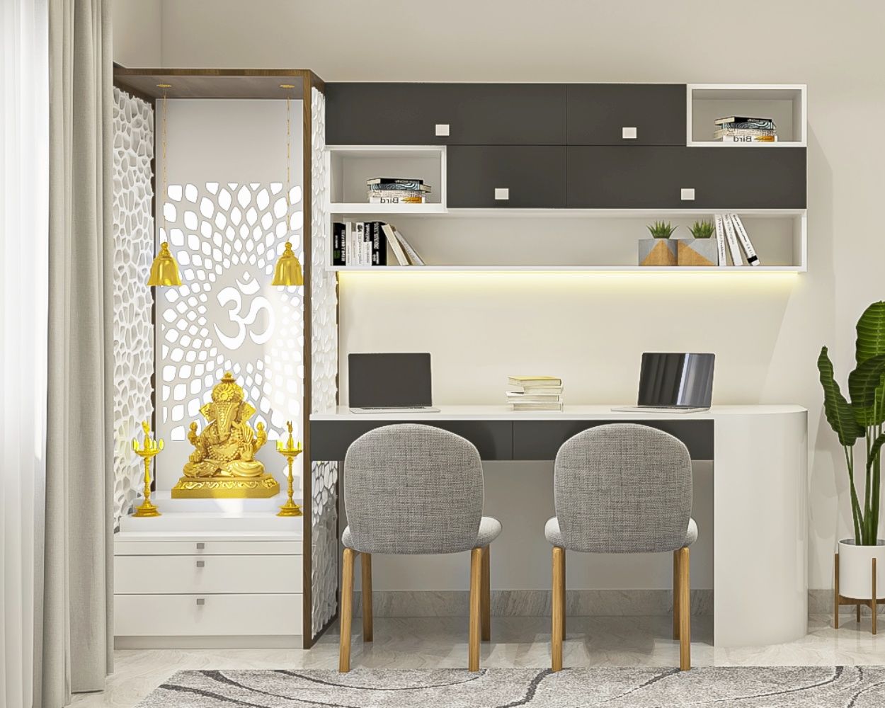 Contemporary Frosty White And Crescent Acacia Mandir Unit Design With Study Table
