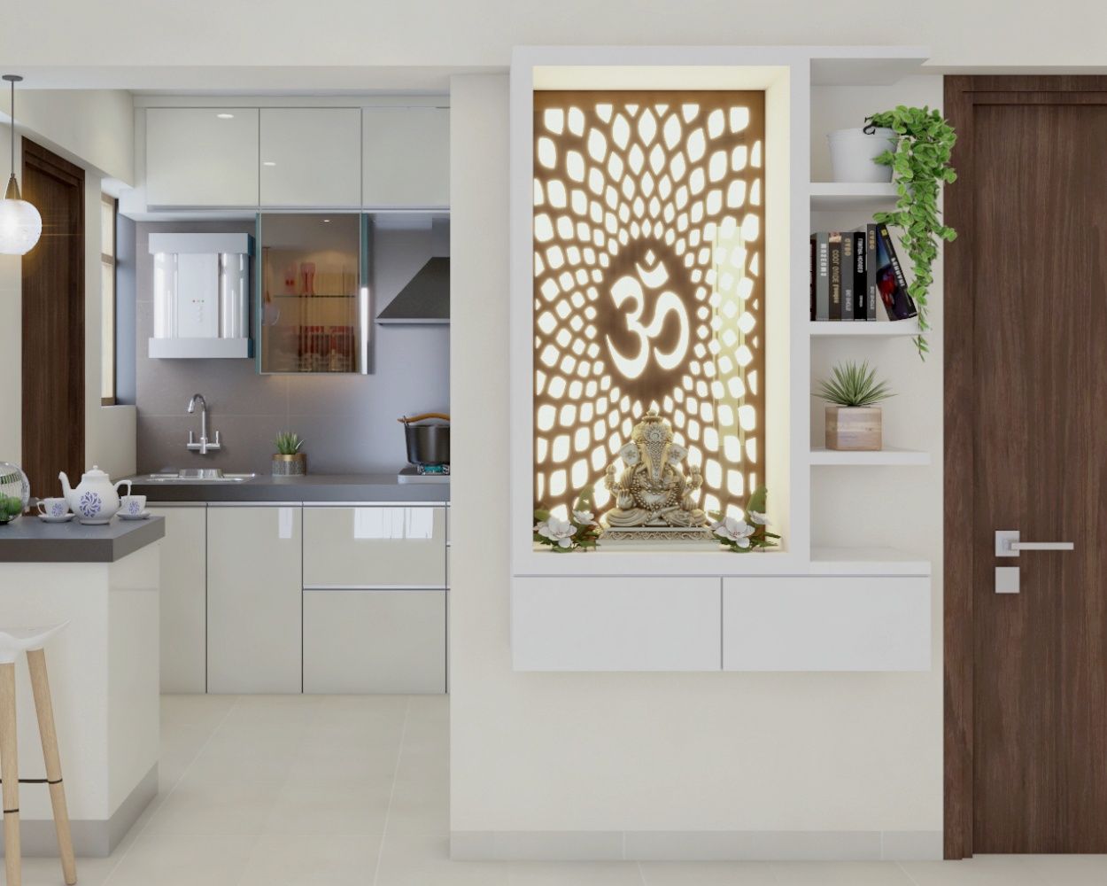 Contemporary Frosty White Mandir Unit Design With Highlighted Om Back Panel