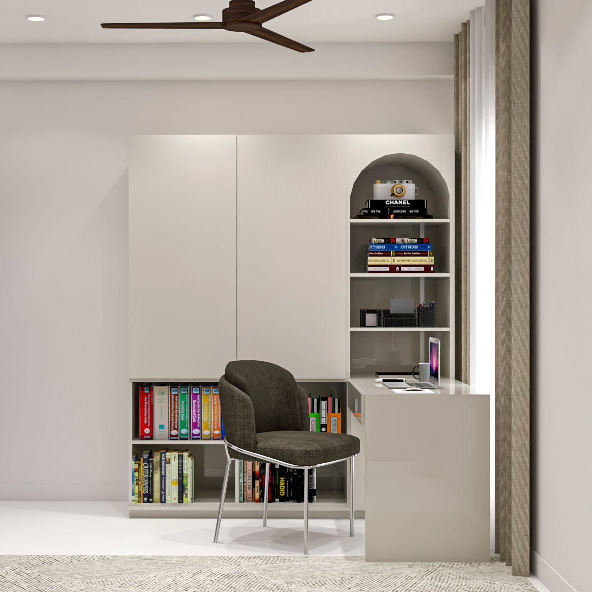Contemporary Grey Study Room Design With Open Shelves For Storage