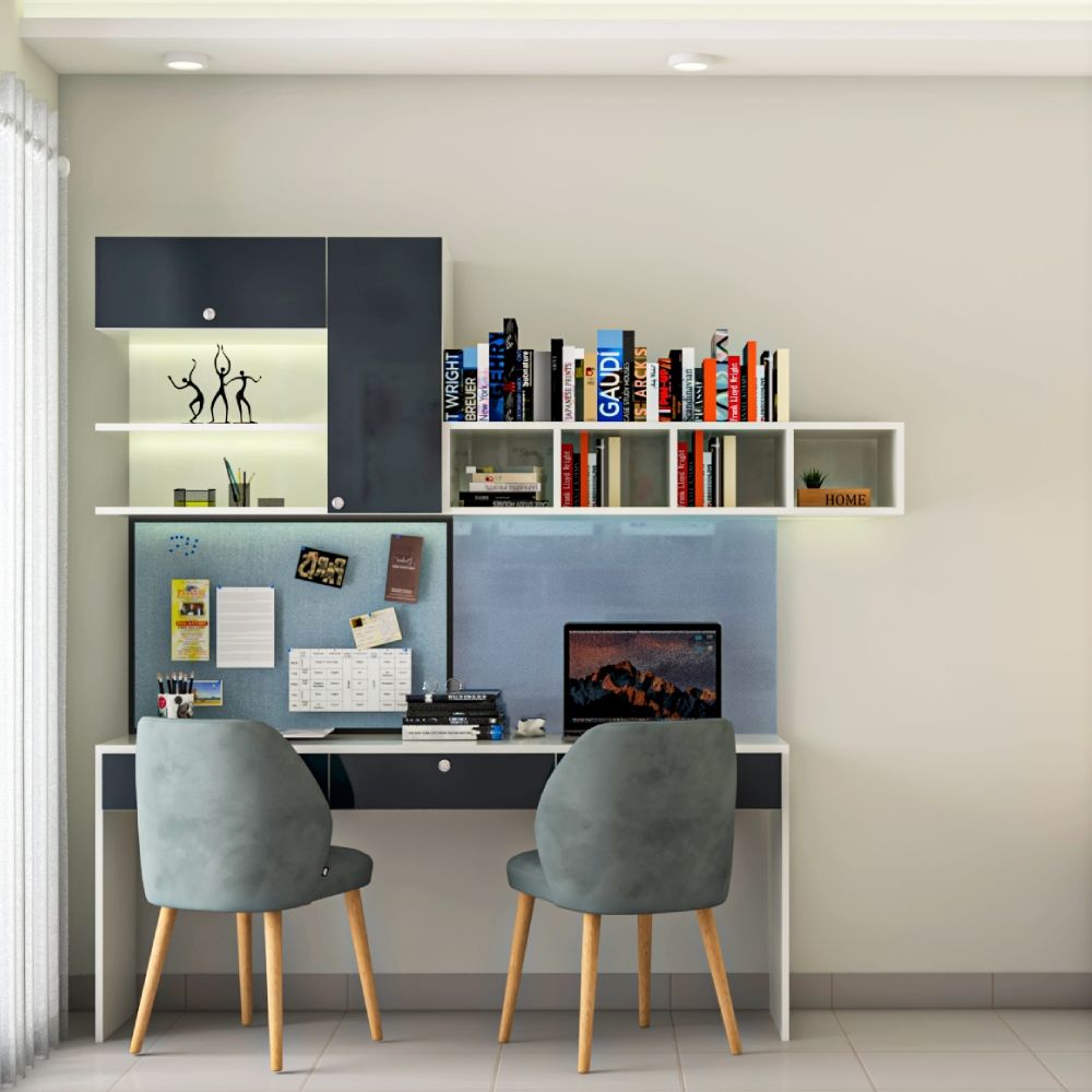 Modern Frosty White And Dark Blue Study Room Design For Two
