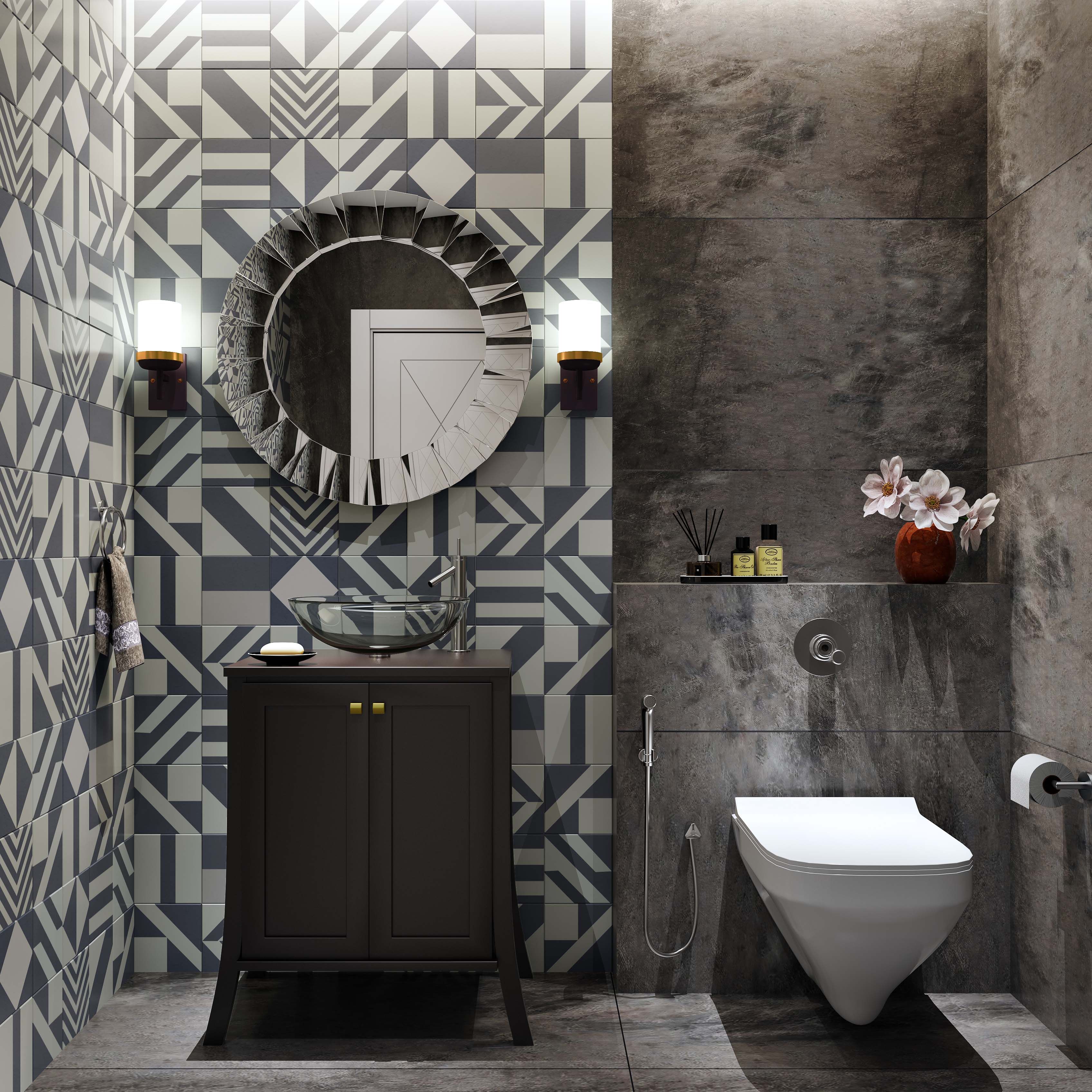 Porcleain Grey And White Bathroom Tile Design With Semi-Glossy Finish