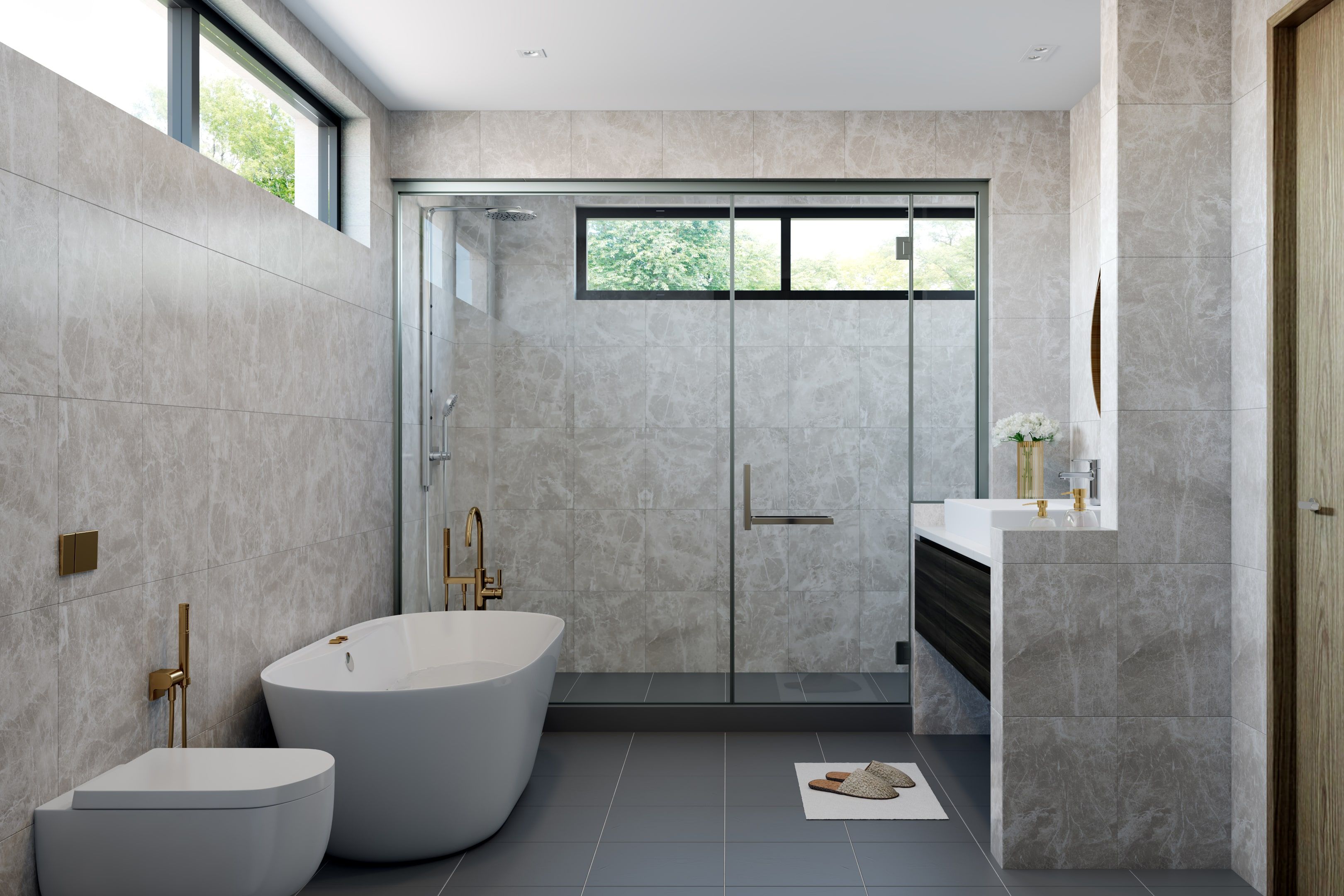 Ceramic Satin Finish Bathroom Tile Design In Brown And White