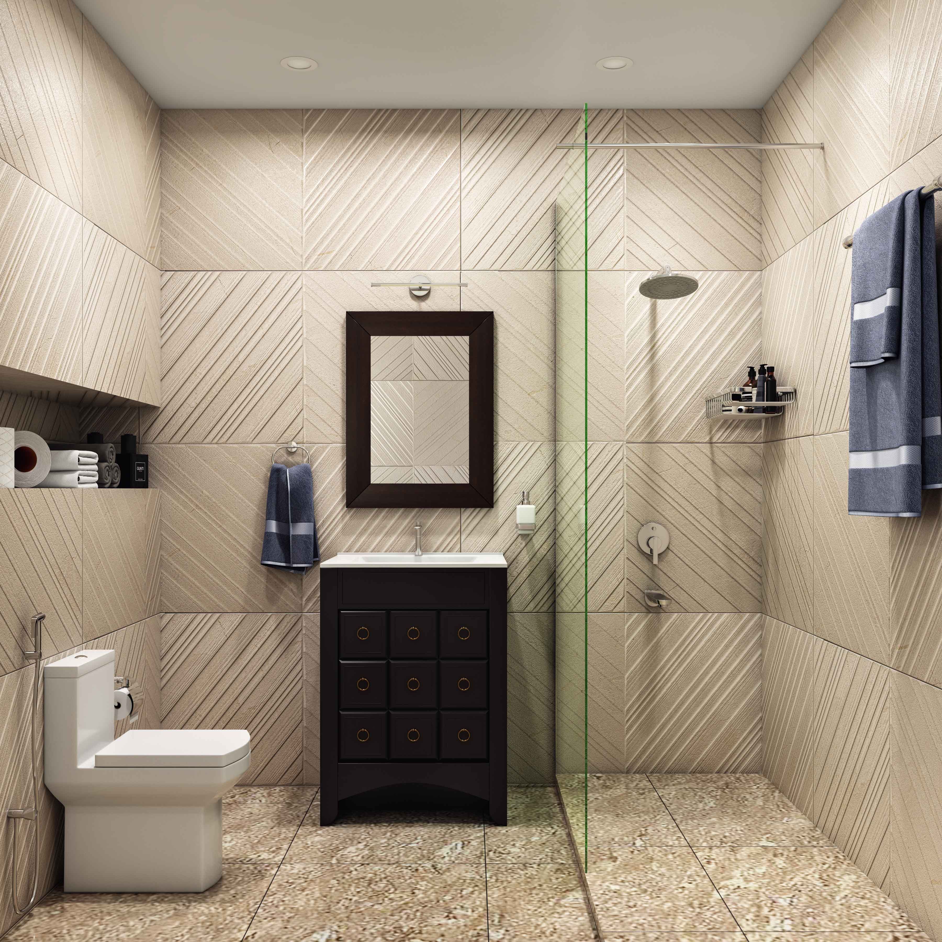 Matte Textured Bathroom Tile Design In Beige 600x600 Mm Livspace