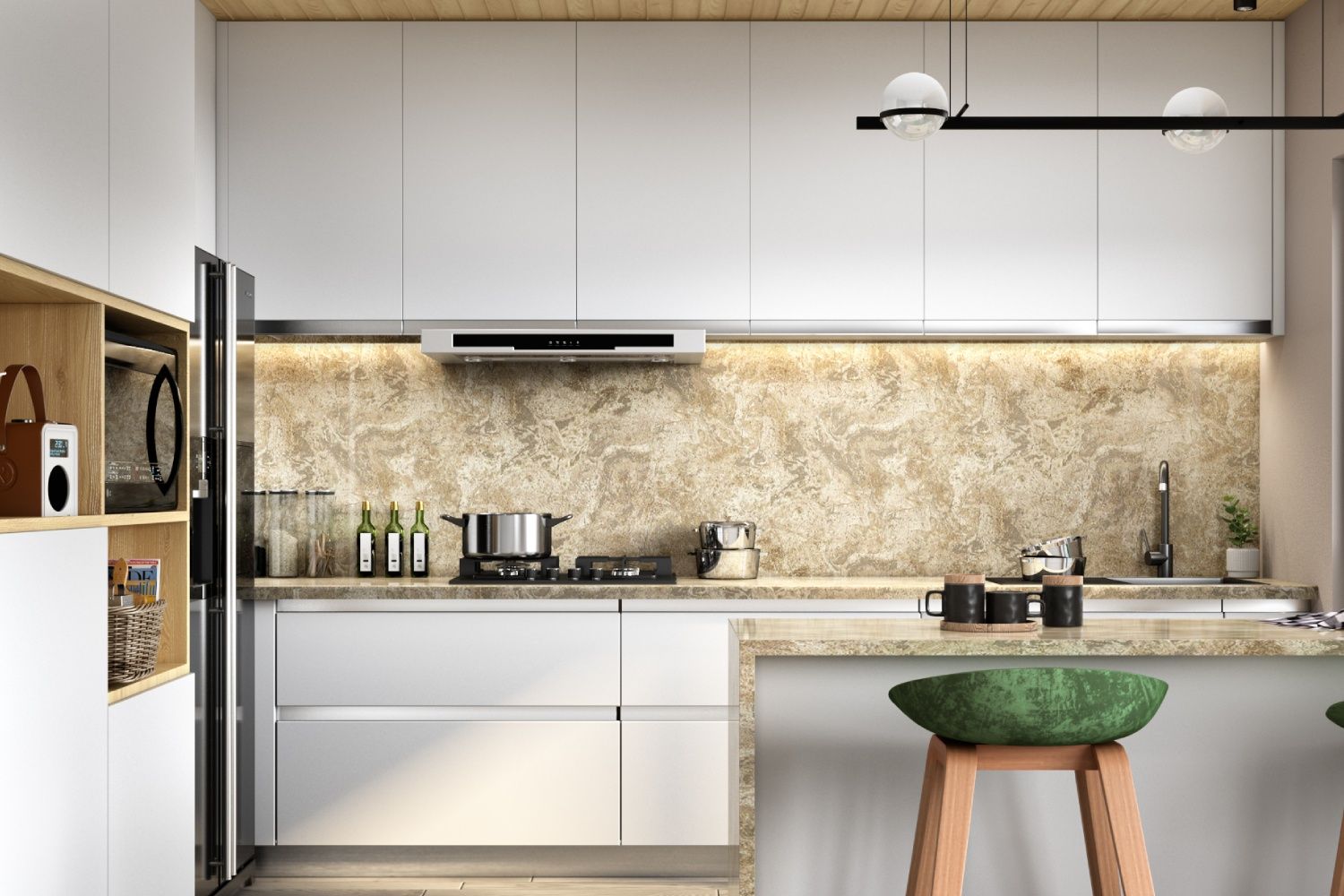 Modern Beige And White Satin Finish Marble Kitchen Tile Design