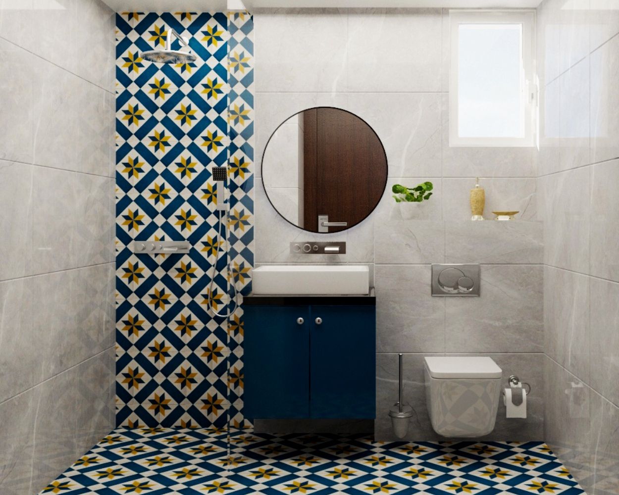 Ceramic Multicoloured Glossy Bathroom Tile Design With Geometric Patterns