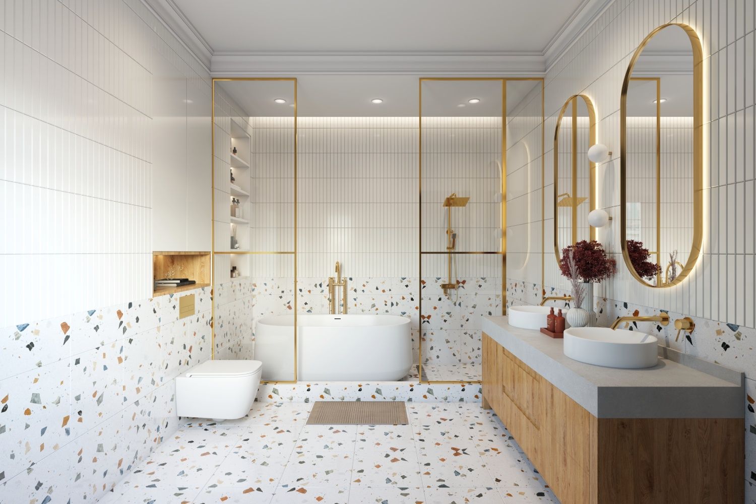 Ceramic And Terazzo Multicoloured Satin Finish Bathroom Tile Design