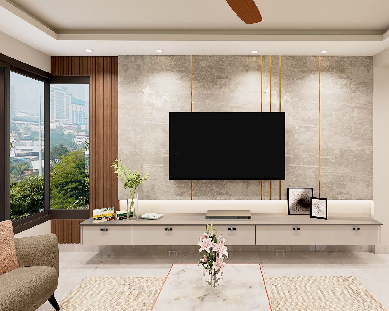 Modern TV Unit Design With Textured Grey Wall And Gold Inlay Work