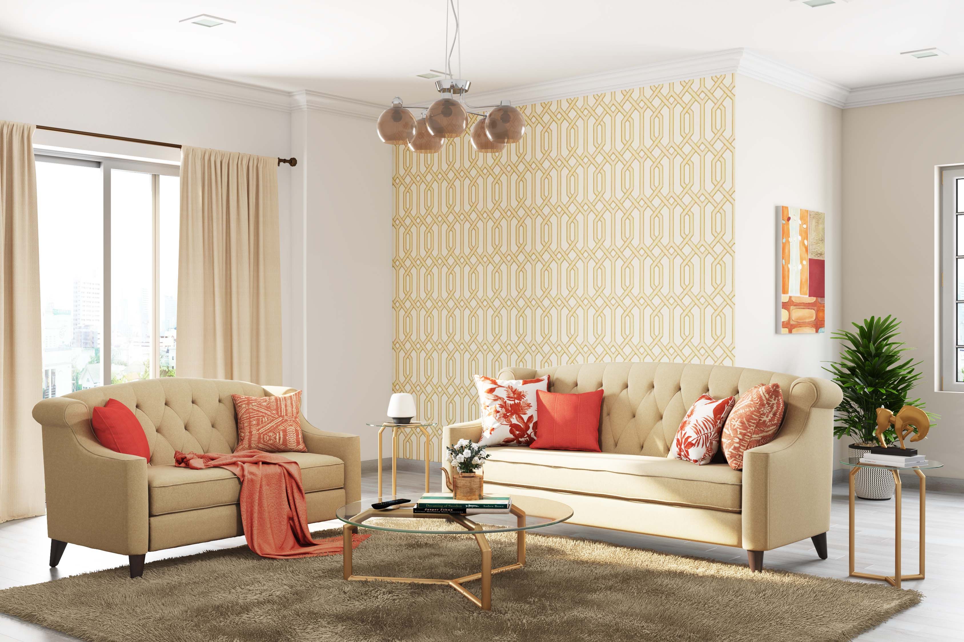 Modern Beige And White Patterned Wallpaper Design For Living Room