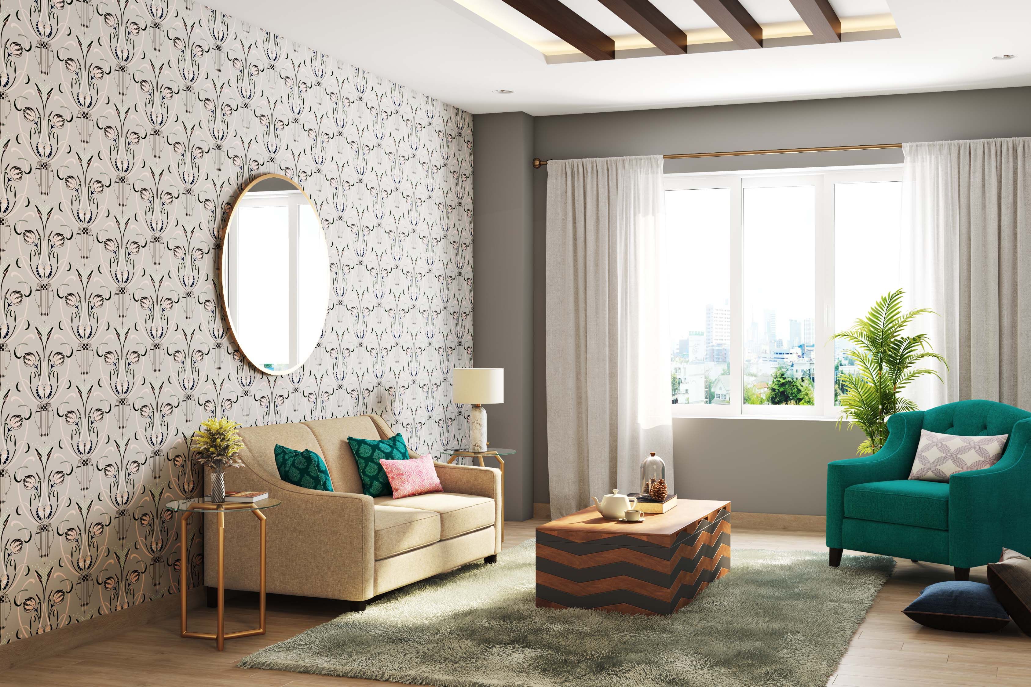 Classic Beige And White Patterned Living Room Wallpaper Design