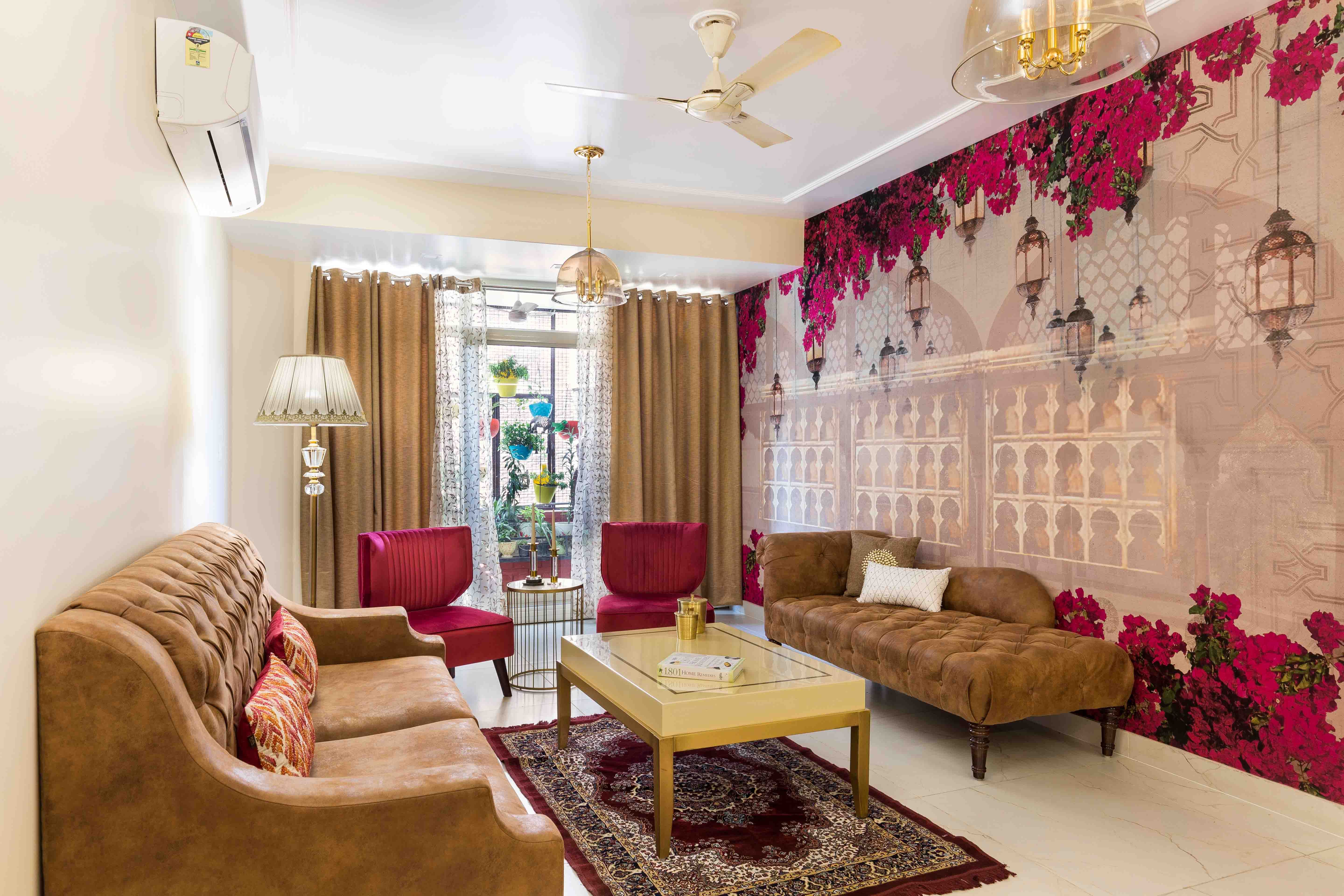 Modern Pink And Beige Historic Floral Living Room Wallpaper Design