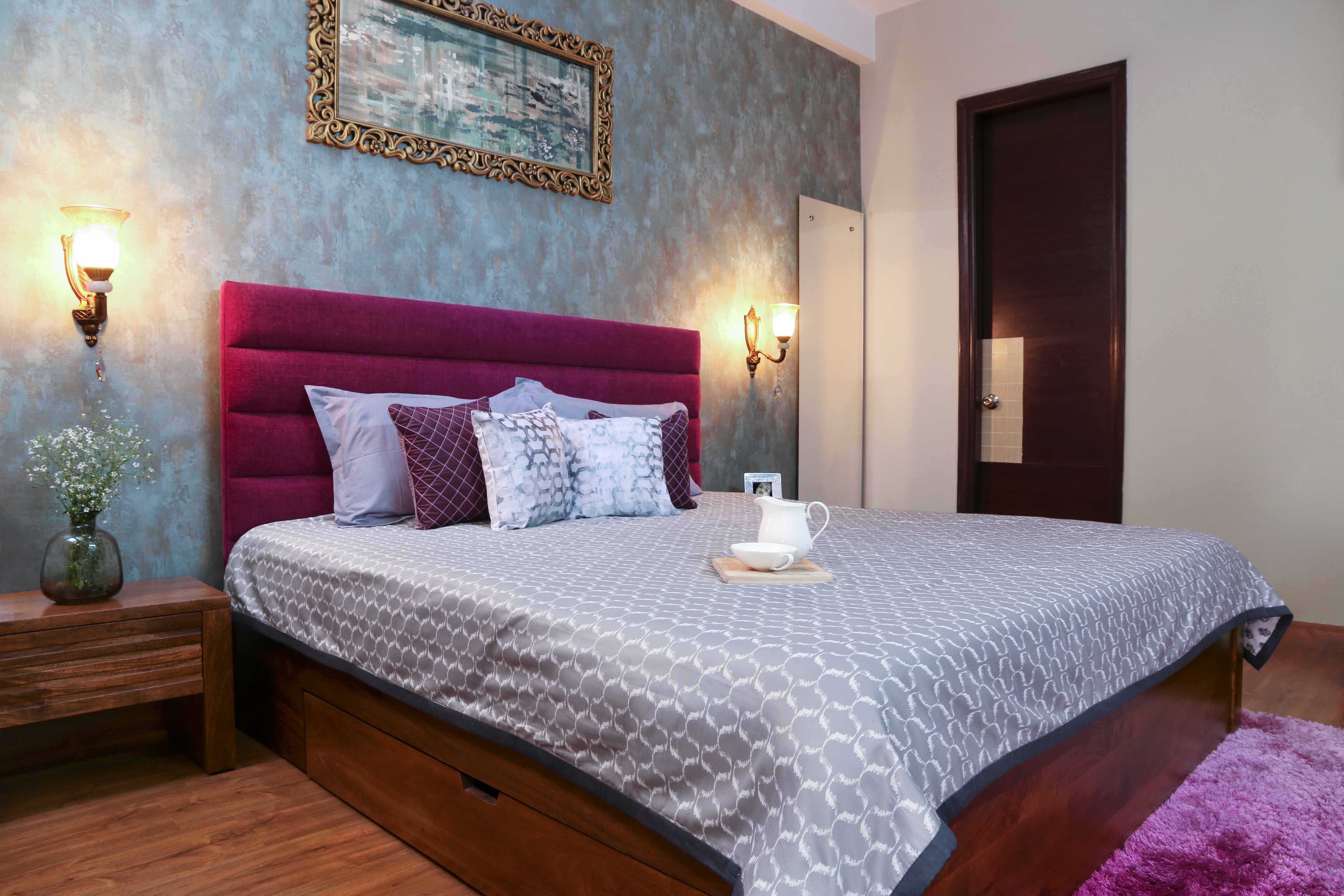 Blue And Grey Cement Bedroom Wallpaper Design | Livspace