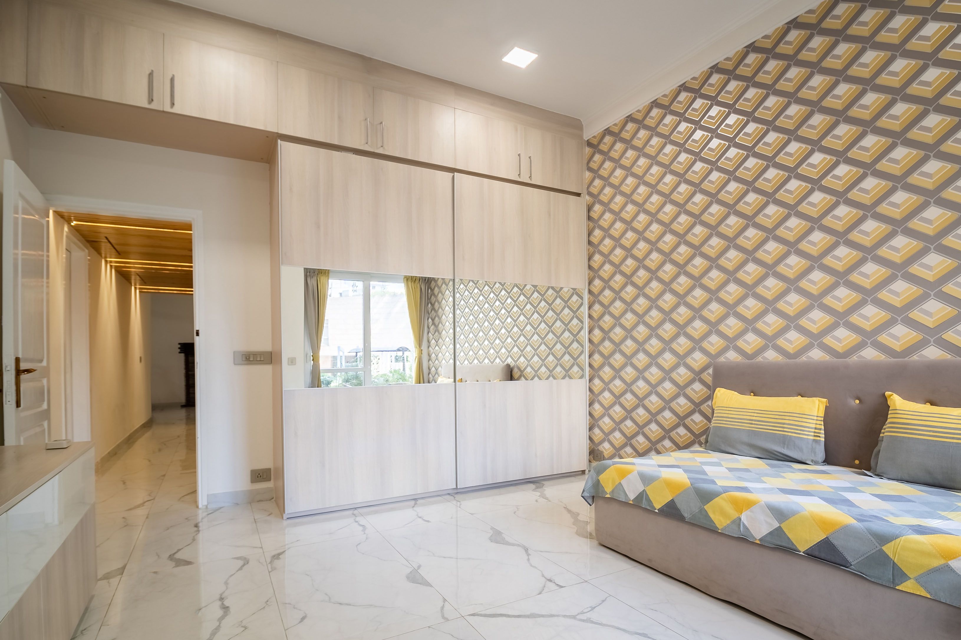 Contemporary Acacia Sliding Door Wardrobe Design and Loft Set with Suede Laminate Finish