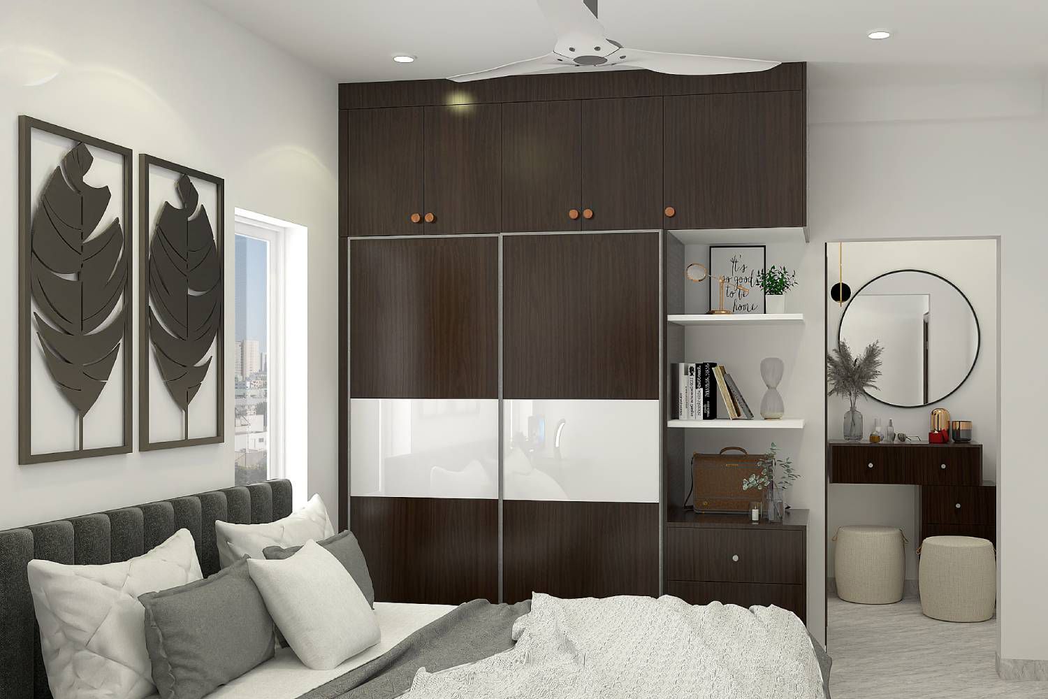 Contemporary 2-Door Sliding Door Wardrobe in Tawny Balsam and Frosty White with Laminate Suede Finish