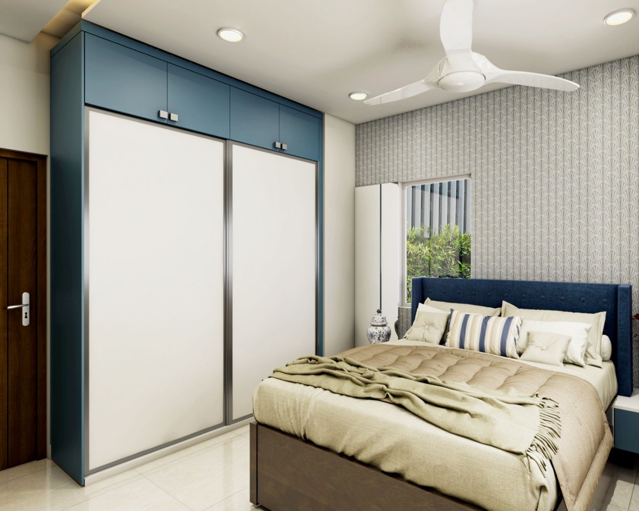 Modern Sliding Door Wardrobe in Frosty White and Shore Blue with Suede Finish