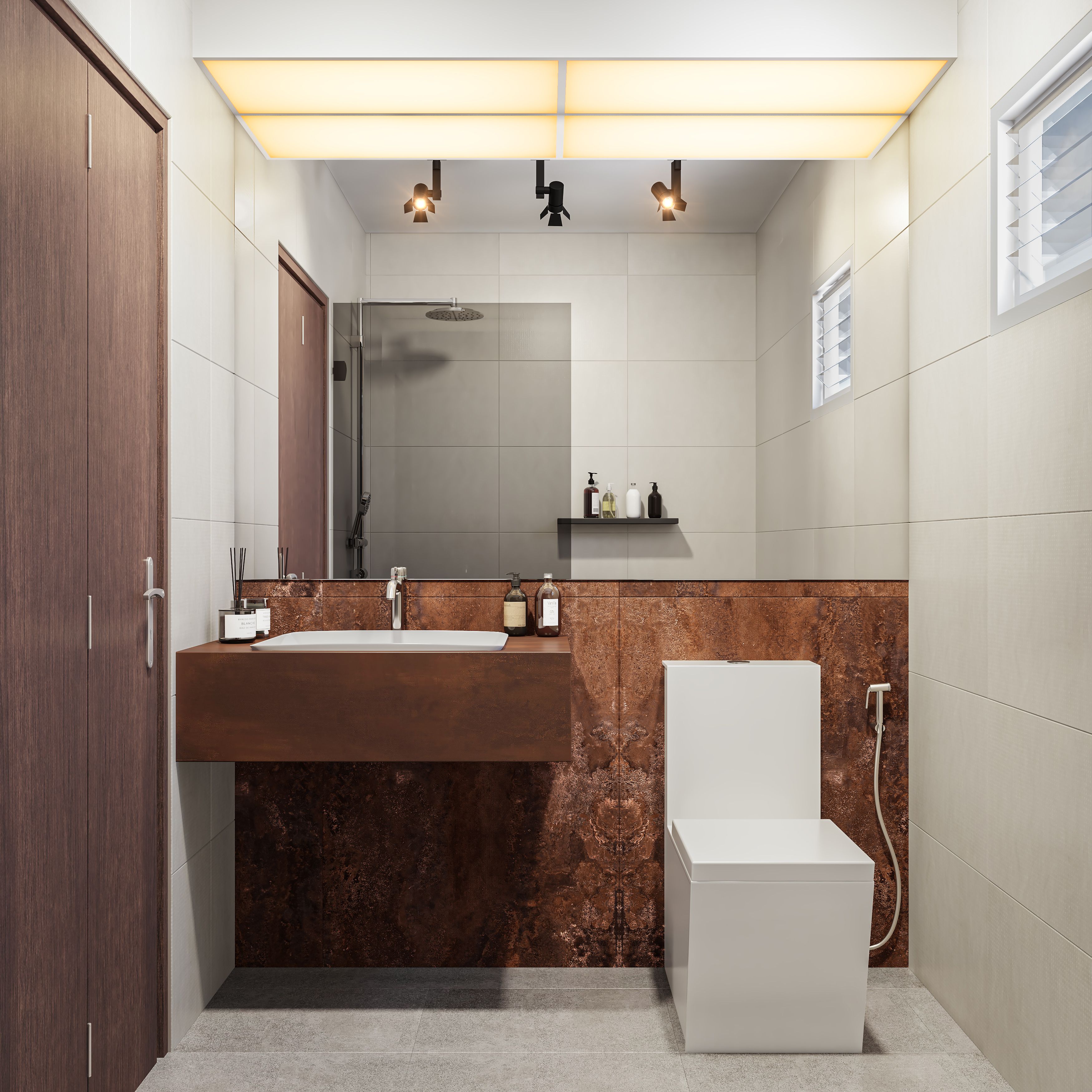 Modern Bathroom Design With Brown Paneled Wall