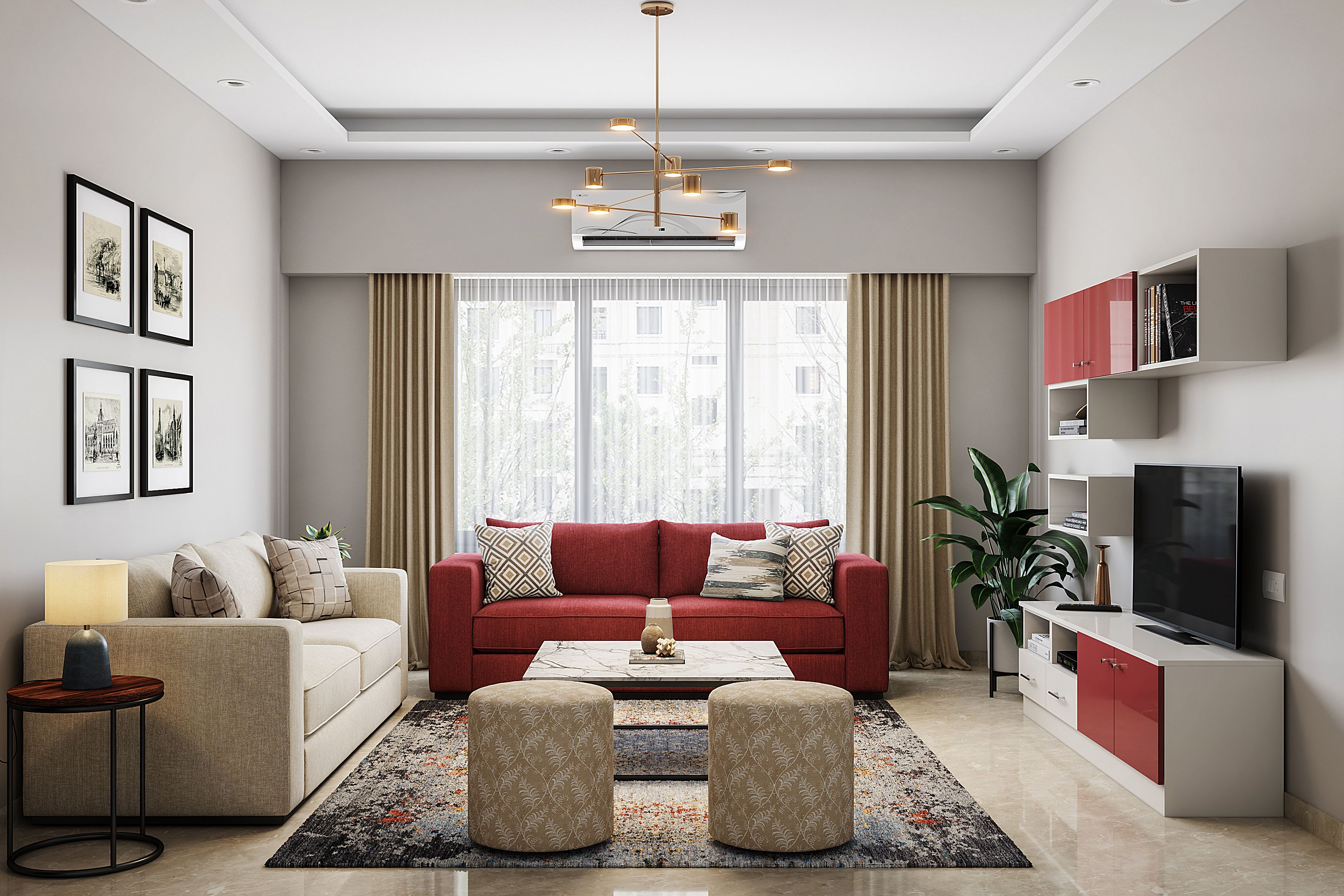 Spacious Orange And White Living Room Design With Tv Unit | Livspace