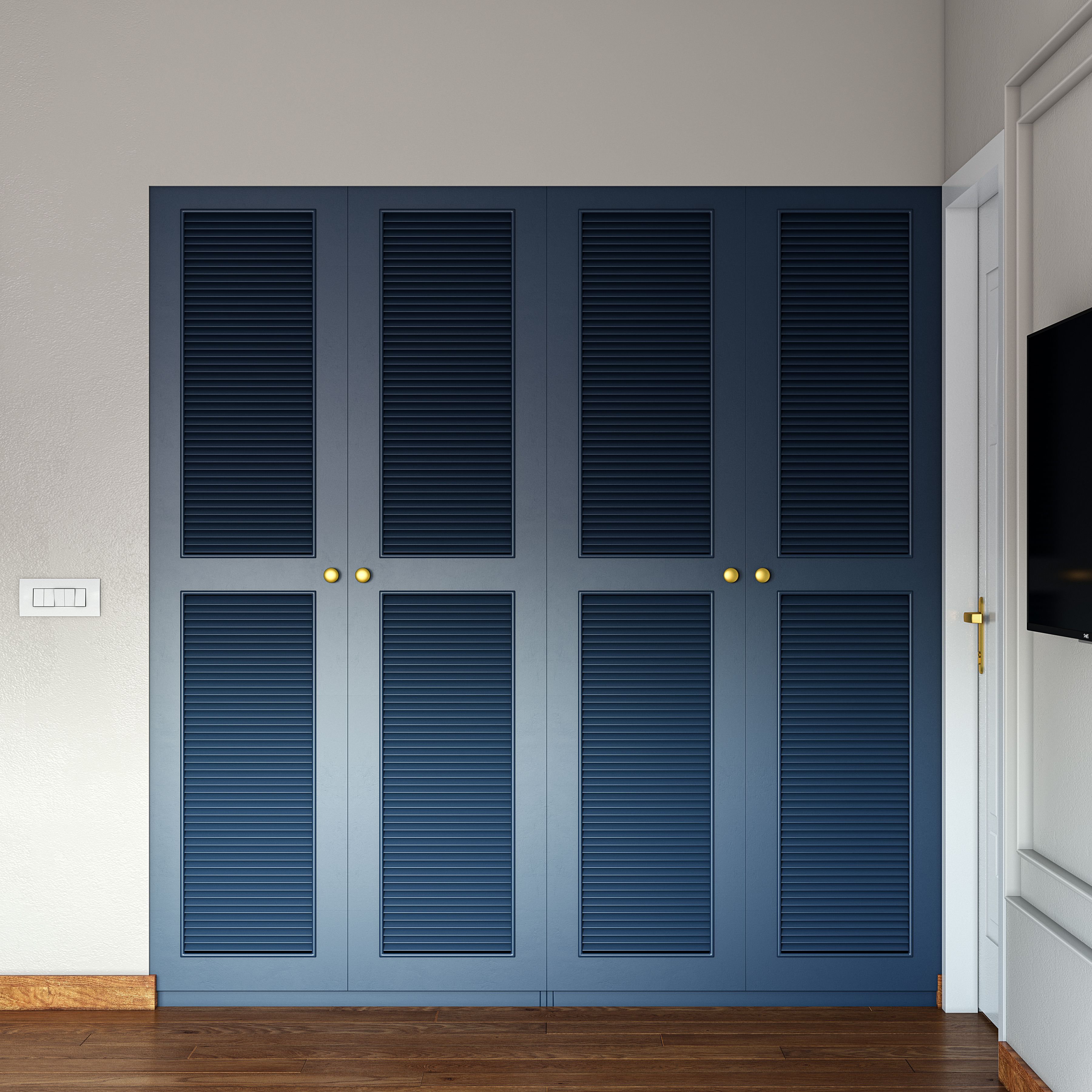 Spacious Blue Toned Wardrobe Design Grooved Handleless Doors