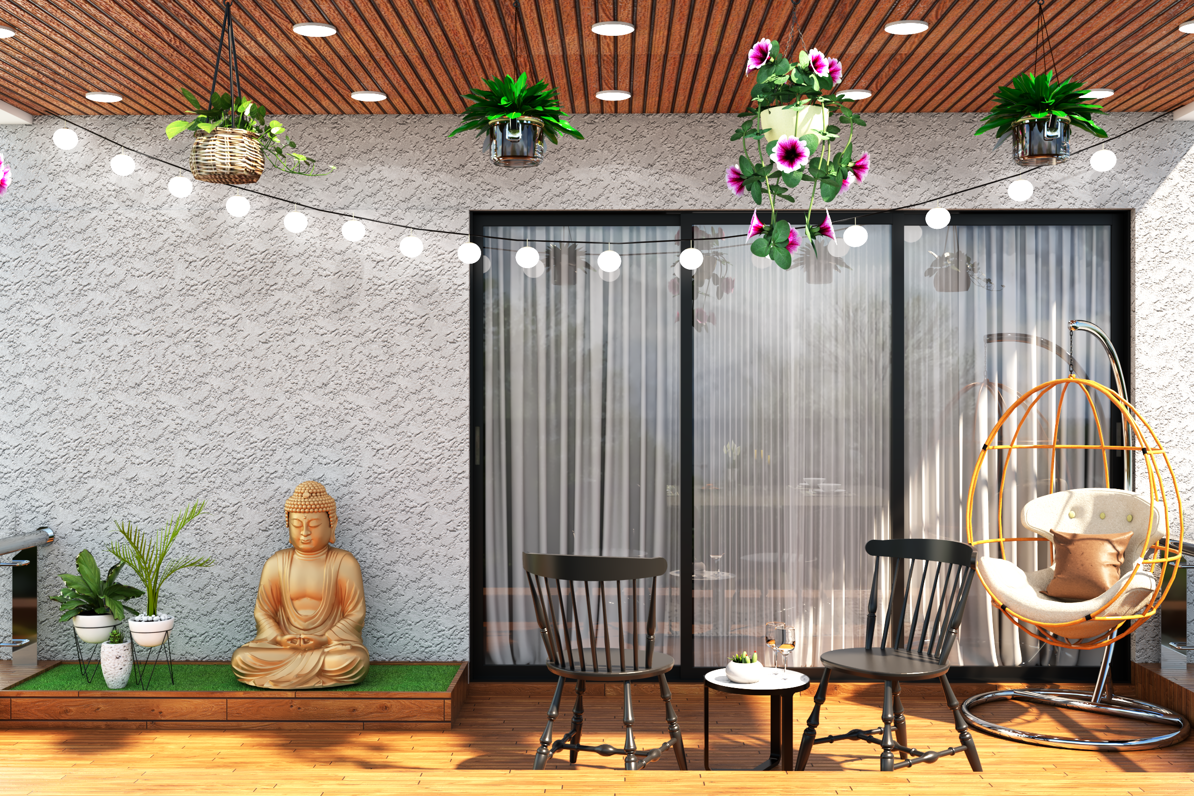 Buddha Modern Balcony Design with String Lights and Wooden Floor