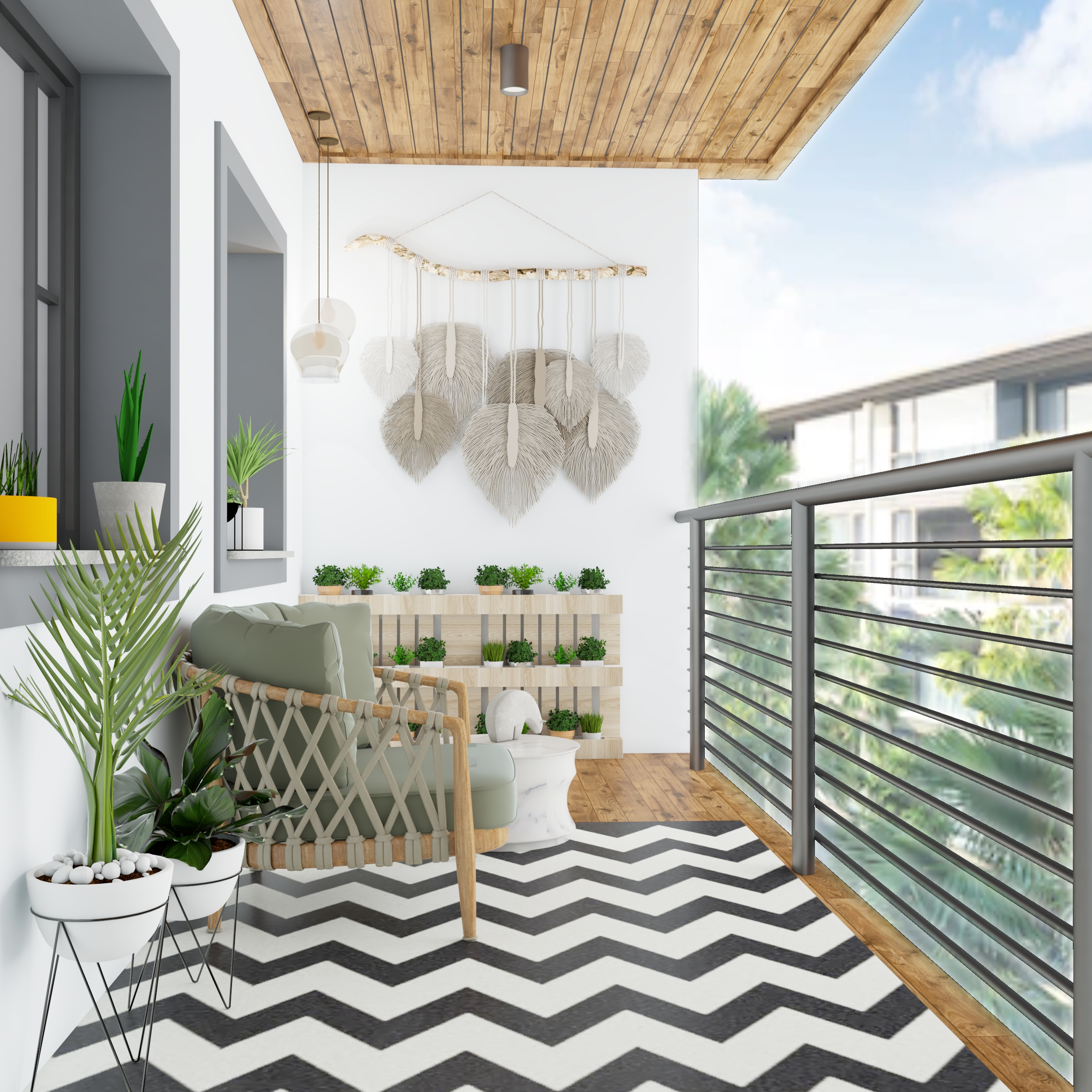 Wooden Flooring and Ceiling Compact Balcony Design with Macrame Art