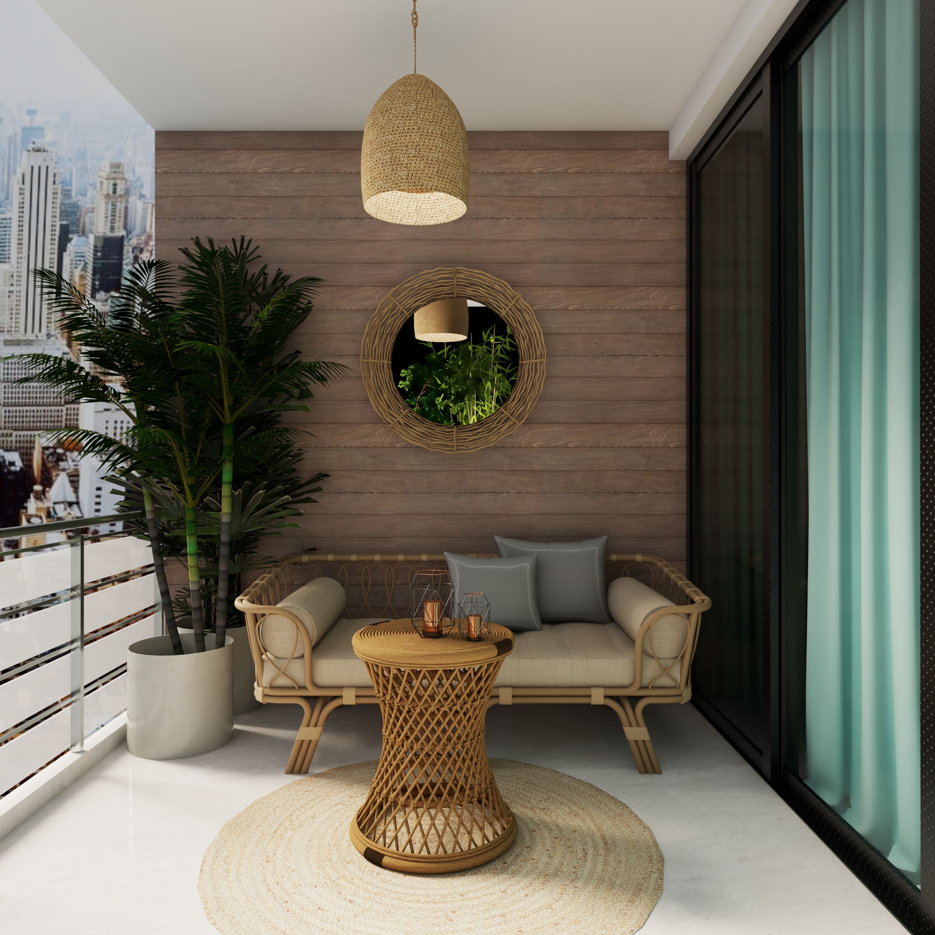 Wooden Panel Spacious Balcony Design with Planters and Rug