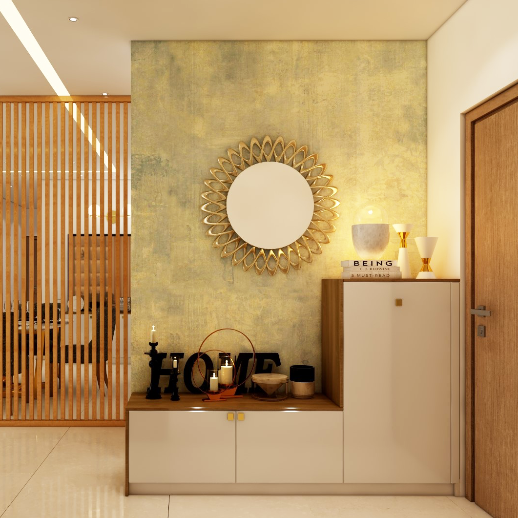 Wooden Panelling Modern Spacious Entrance Foyer Design with Mirror Livspace