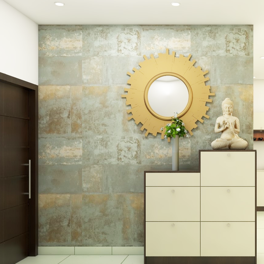 Buddha Statue Rustic Compact Foyer Design Idea with Mirror Livspace