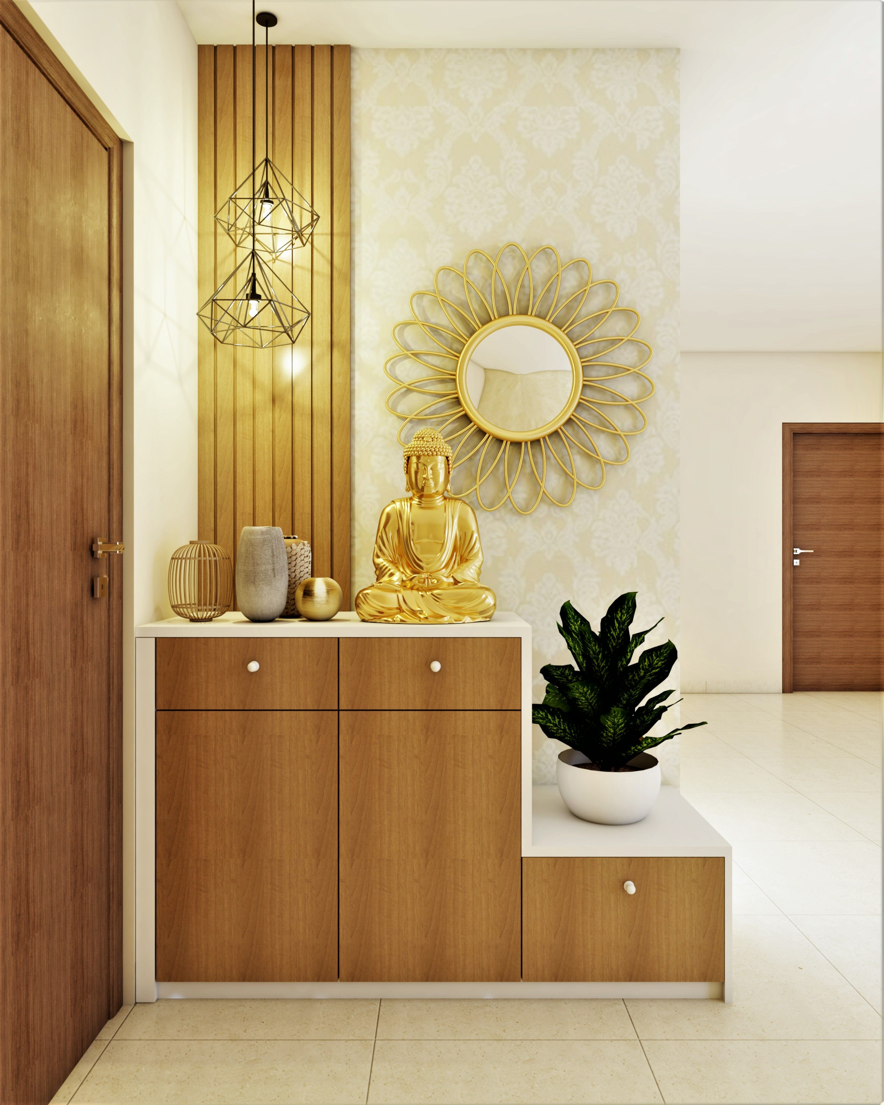 Modern Compact Foyer Design Idea with Beige Wallpaper - Livspace