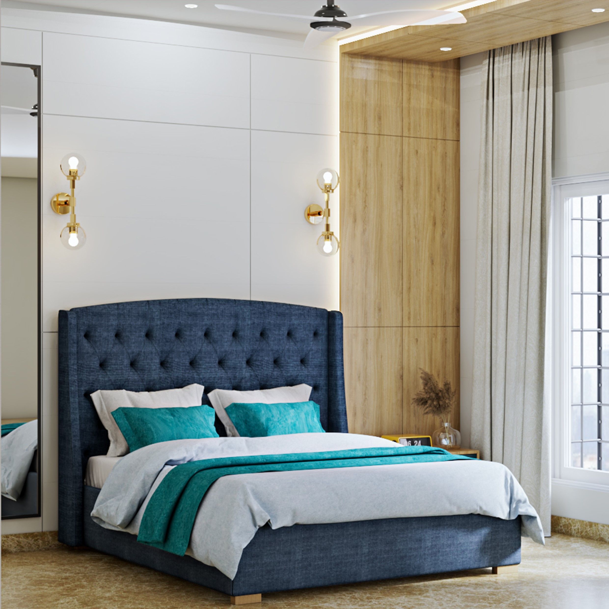 Contemporary Guest Bedroom with Blue Upholstered Bed and Wooden