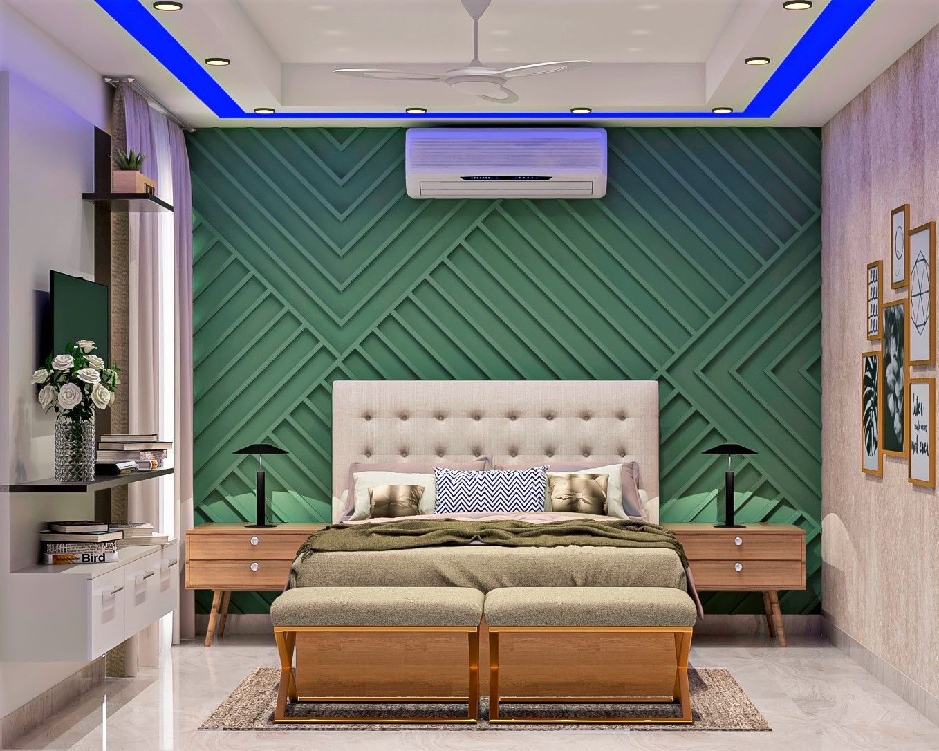 Modern Bedroom with Green Trims and Blue Lights on False Ceiling | Livspace