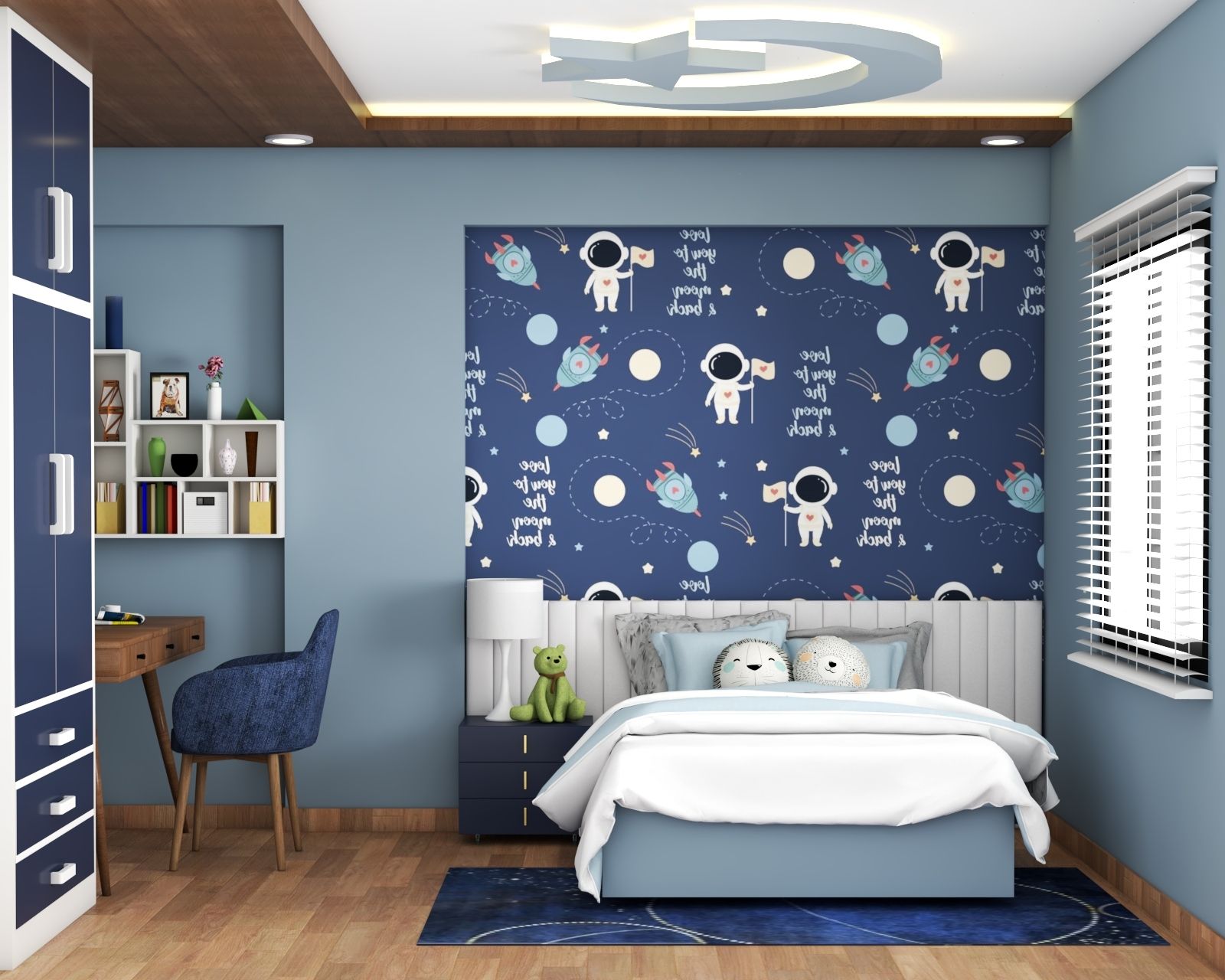 Contemporary Kids Room With A Blue Queen Size Bed And Wall-Mounted Open Storage