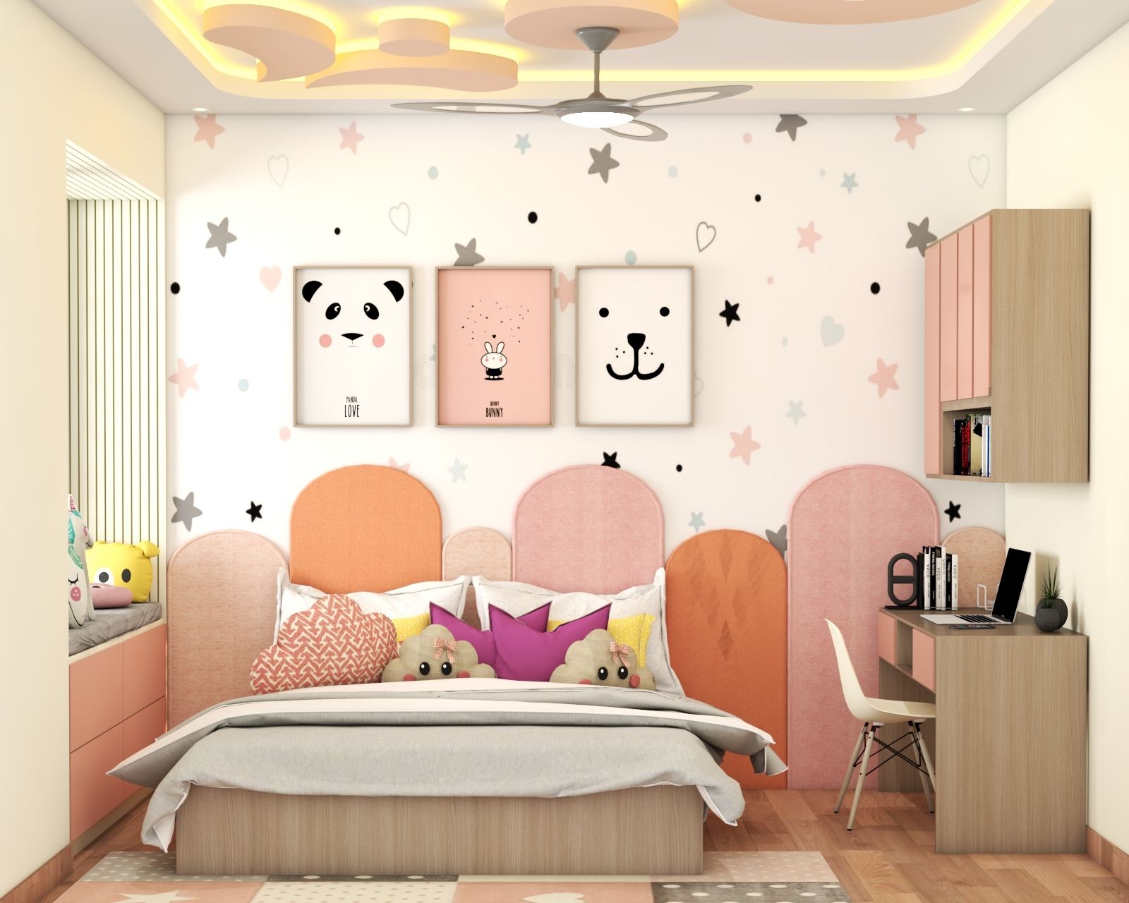 Contemporary Kids Room Design With An Upholstered Bed And Overhead Cove Lighting