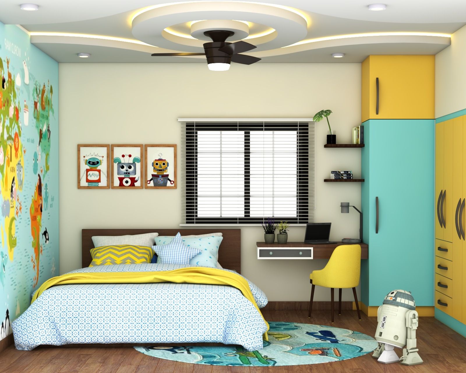 Contemporary Kids Room With A Wooden Queen Size Bed And Open Wall Shelves