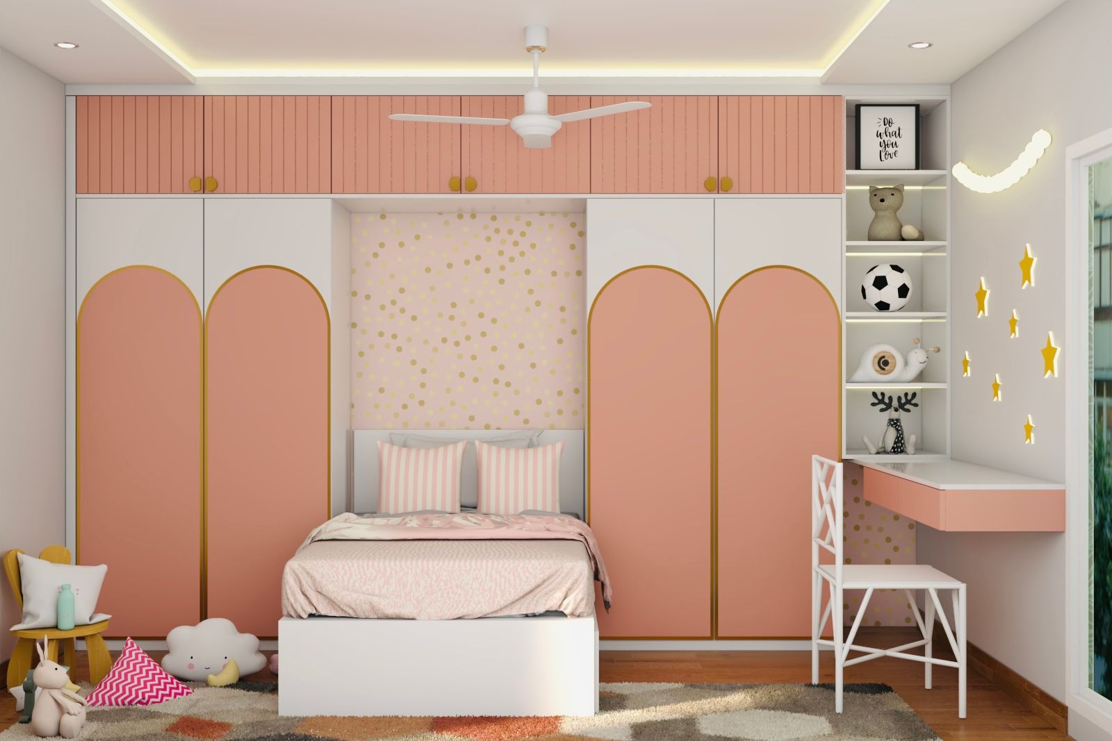 Contemporary Kids Room With A White Single Bed And White And Pink Study Unit