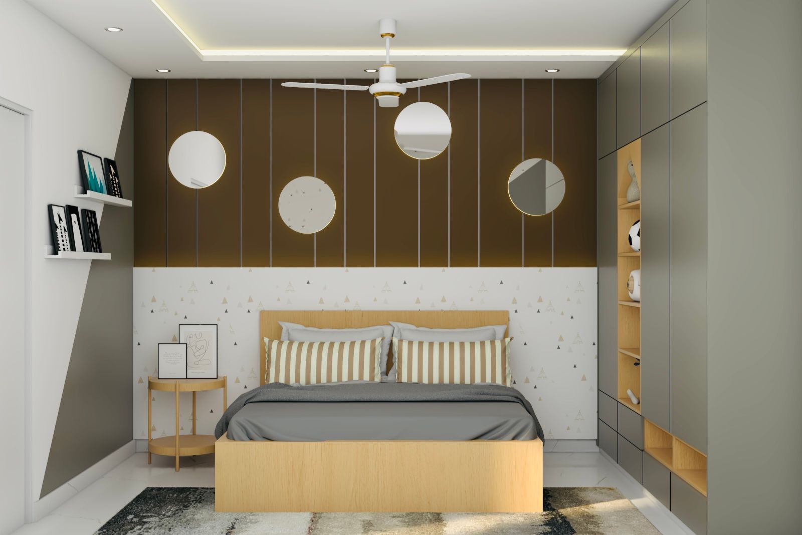 Contemporary Kids Room Design With A Wooden Bed And A Swing Wardrobe With Lofts