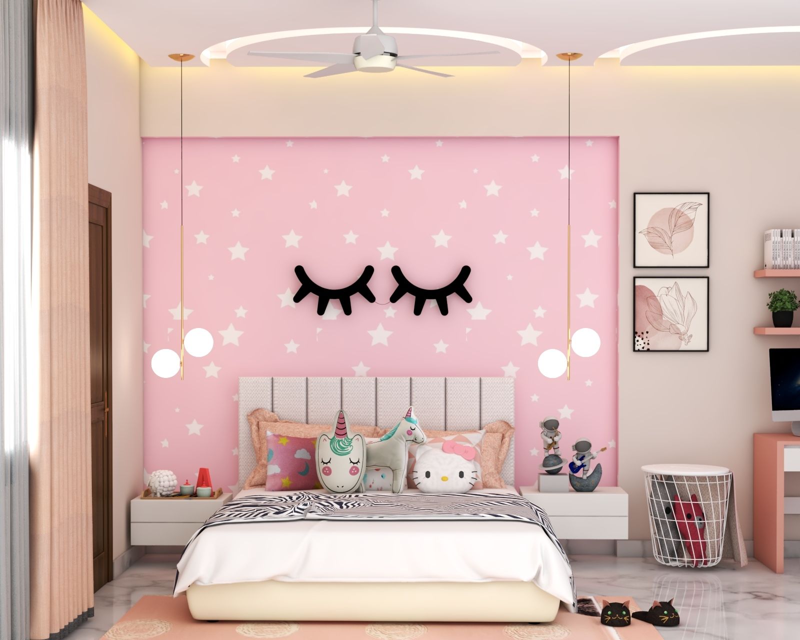 Contemporary Kids Room With A Queen Size Bed And A Bright Pink Wallpaper