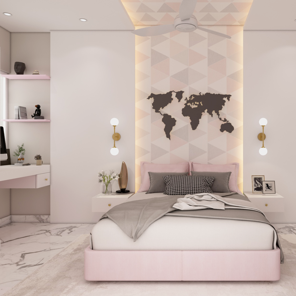 Shabby Chic Bedroom With Dreamy Pink Colours And Pink Upholstered Bed 