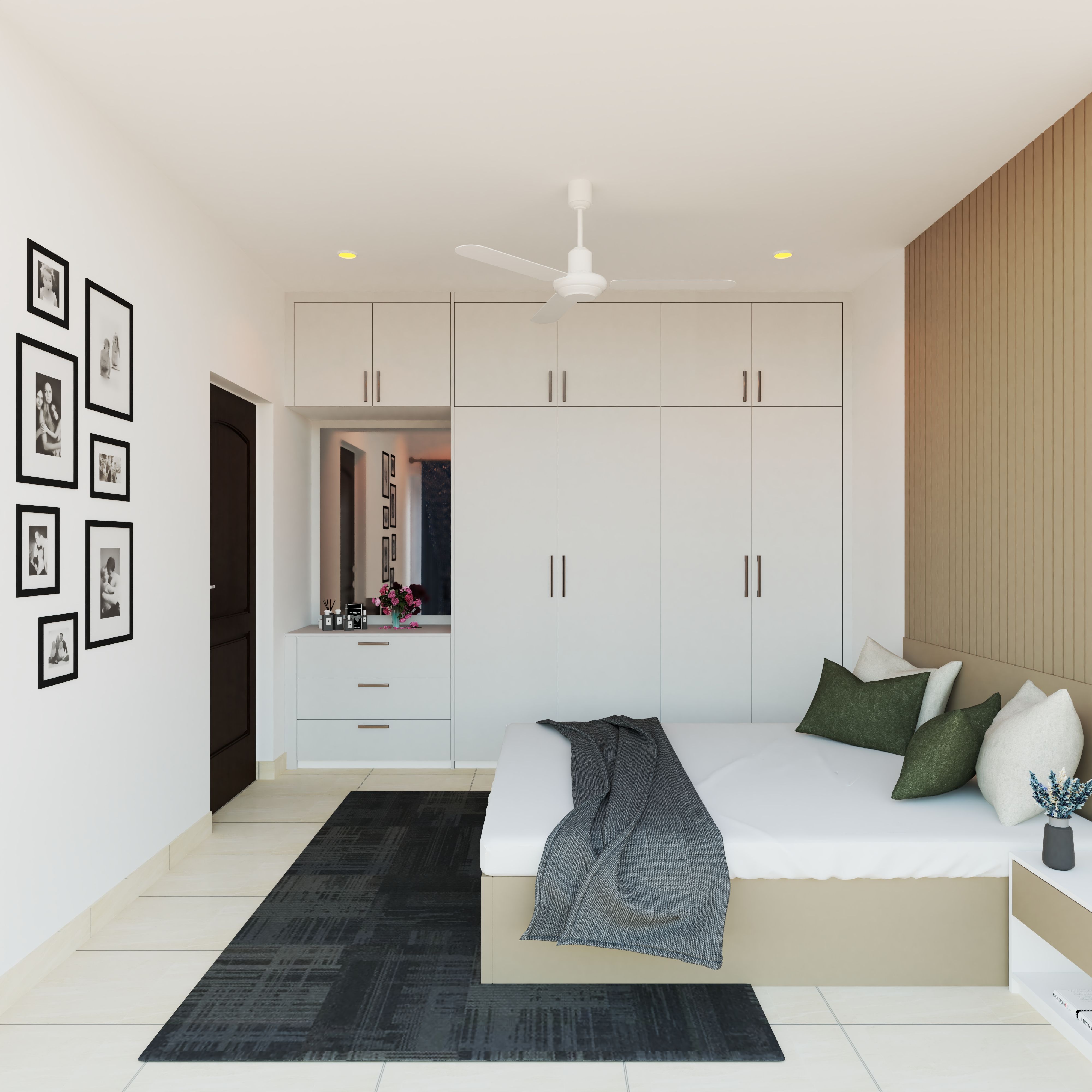White Modern Spacious Master Bedroom Design with Panelled Wall | Livspace