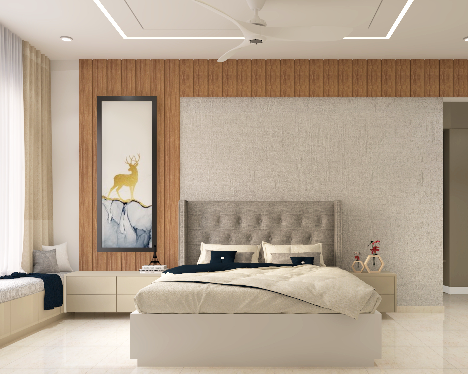 Contemporary Bedroom with Grey Patterns and Wooden Detailing in Accent ...